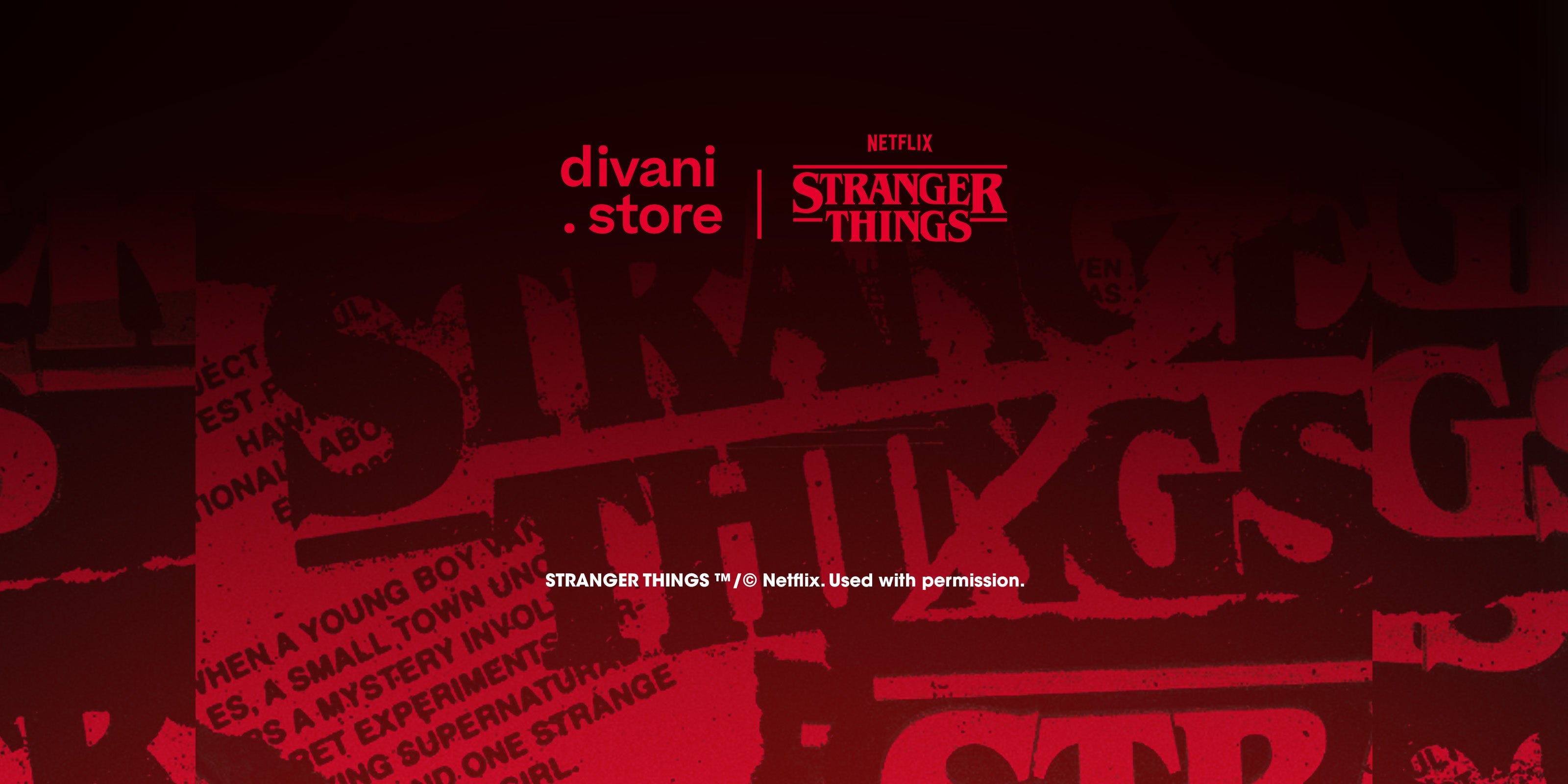 Cinque adolescenti si trovano insieme in abiti da "Stranger Things". La ragazza di fronte alza la mano, usando i poteri. I loghi rossi "divani store" e "Stranger Things" sono in alto; lo sfondo è scuro e pieno di testo.