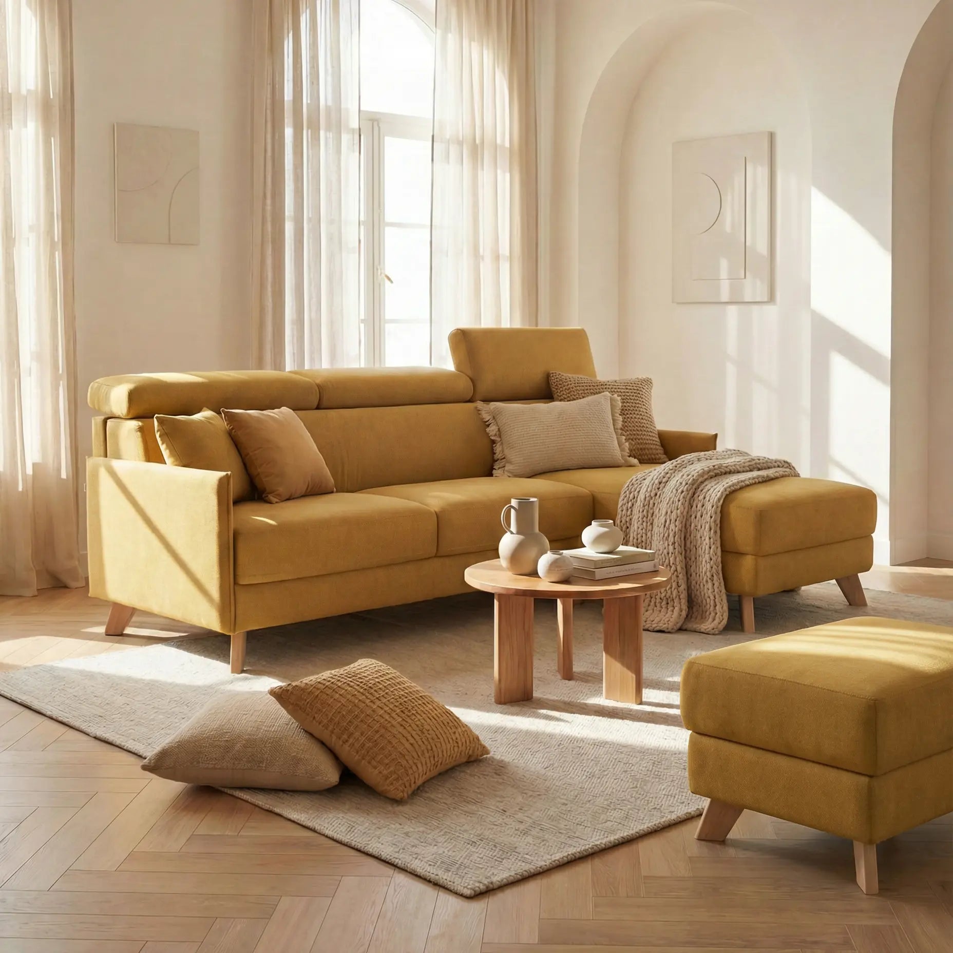 Un divano giallo senape con cuscini e una coperta si trova in un soggiorno illuminato dal sole con arredi neutri, mobili in legno, cuscini strutturati e morbide tende beige sulle finestre ad arco.