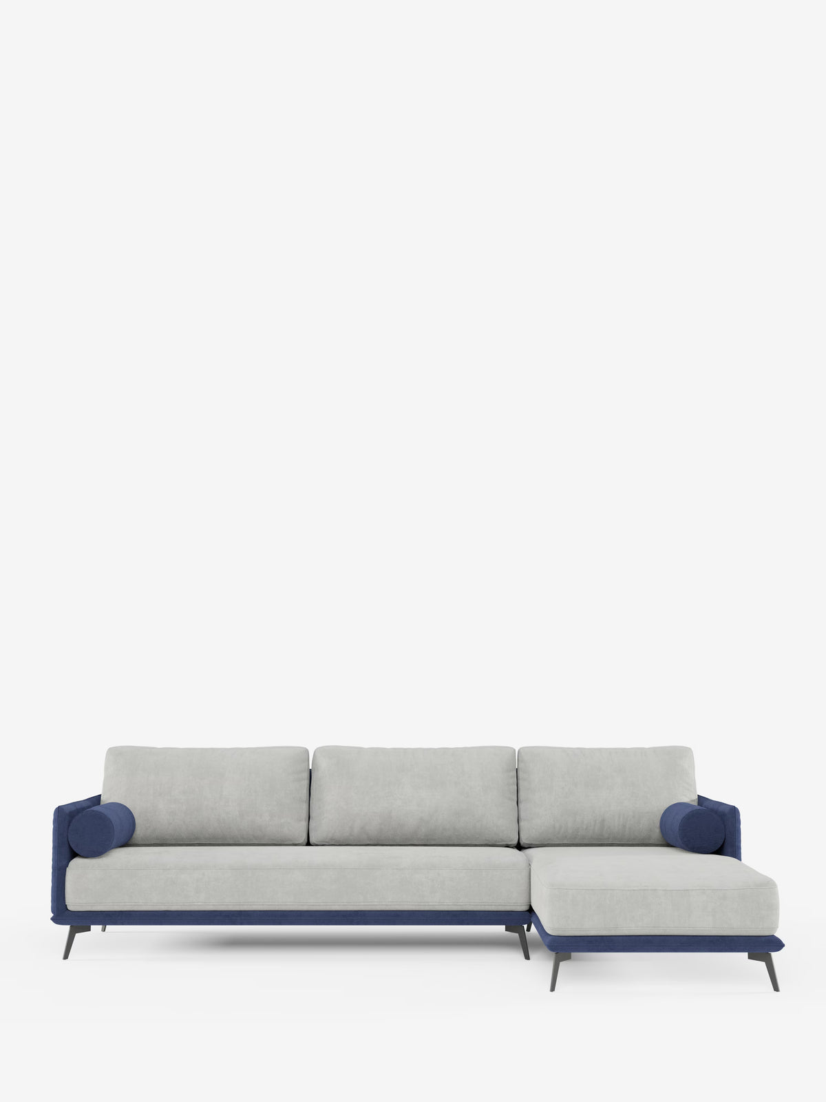 Vi presentiamo il divano bicolore angolare con penisola e base in metallo “Basalto” di Divani.Store: un divano contemporaneo a forma di L caratterizzato da cuscini in tessuto T31 grigio chiaro, morbido al tatto e resistente alle macchie, con soffici schienali in piuma, completato da braccioli, struttura e gambe in metallo blu scuro. Due cuscini cilindrici blu impreziosiscono ciascun bracciolo. Il lato destro si estende in una comoda chaise longue, dando vita a un elegante design bicolore a penisola.