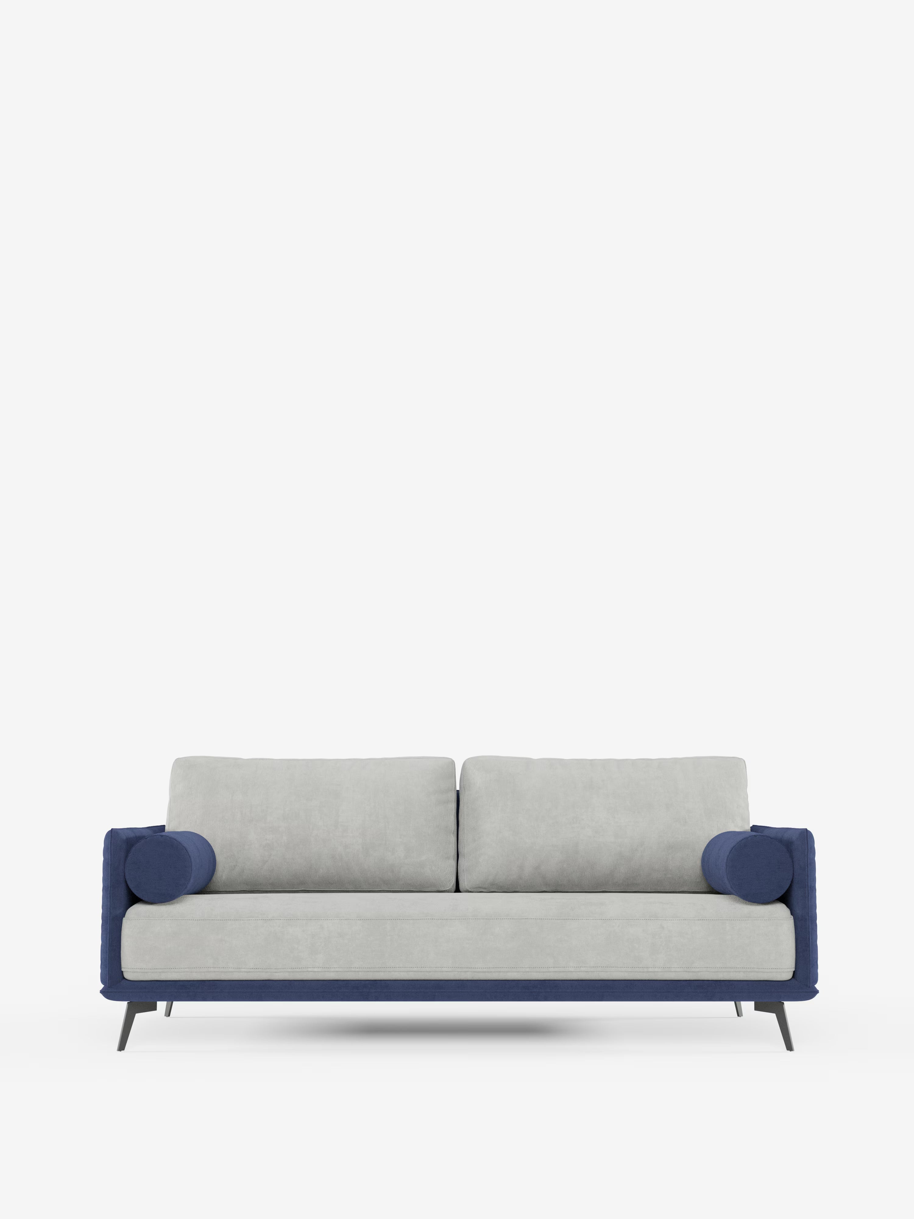 Il divano Basalto a 2 o 3 posti bicolore di Divani.Store presenta un design contemporaneo con cuscini in tessuto grigio chiaro di facile pulizia, due cuscini cilindrici blu, una struttura e una base in metallo blu intenso ed eleganti gambe angolate nere, che risaltano magnificamente su uno sfondo bianco a tinta unita. L’esclusiva seduta e gli schienali in piuma d’oca uniscono il comfort allo stile italiano moderno.