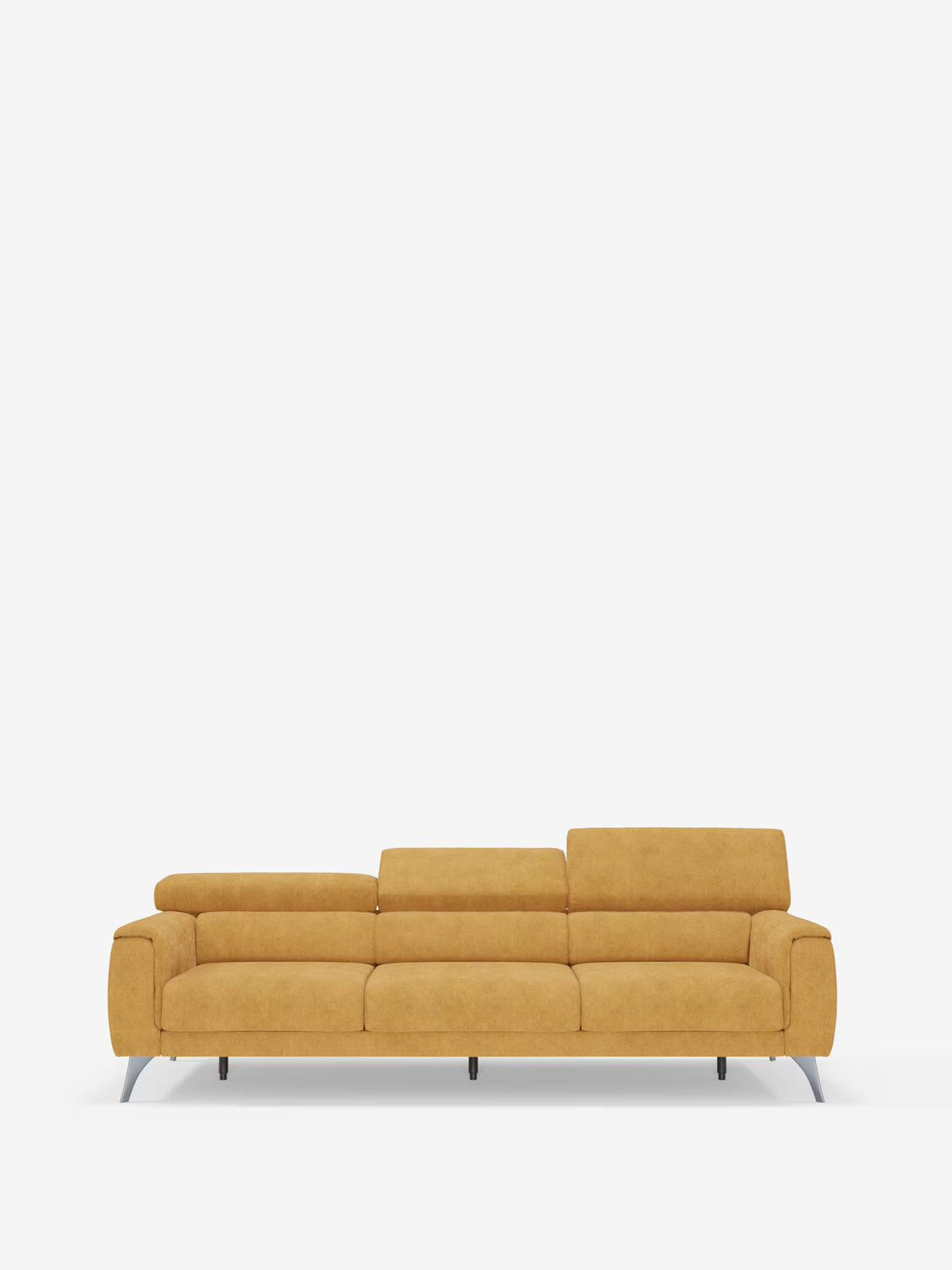 Il divano a 4 posti Caravaggio di Divani.Store è un divano moderno color senape, dotato di tre sedute scorrevoli e poggiatesta regolabili, realizzato in tessuto T31 facile da pulire. Il suo design minimalista è impreziosito da gambe corte in metallo argentato, mentre lo sfondo bianco a tinta unita mette in risalto il colore vivace e lo stile contemporaneo del divano.