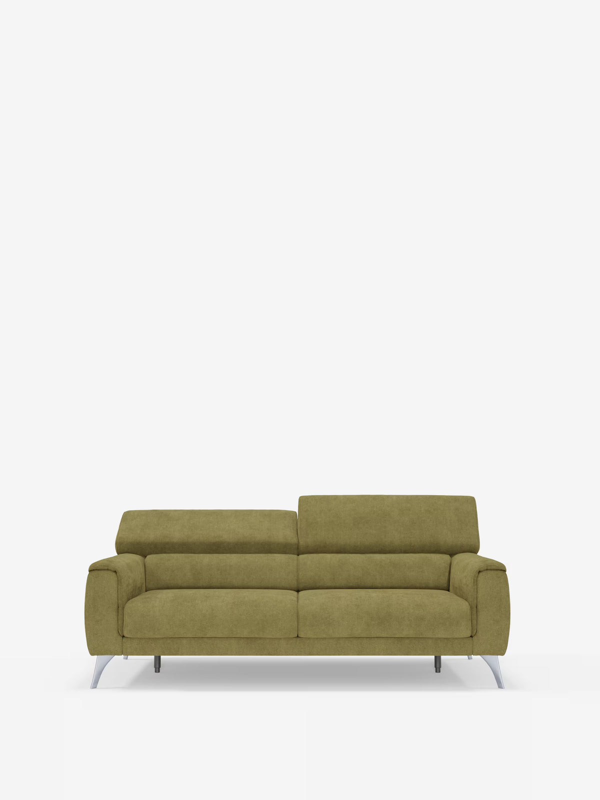 Un divano Caravaggio contemporaneo a 2 e 3 posti color verde oliva di Divani.Store è messo in risalto su uno sfondo bianco a tinta unita, che ne esalta il design minimalista, i morbidi cuscini, gli ampi braccioli e le eleganti gambe in metallo. Dotato di sedute allungabili e poggiatesta reclinabili, rivestito in un elegante tessuto T31 facile da pulire, questo divano offre versatilità e comfort superiore per qualsiasi ambiente moderno.