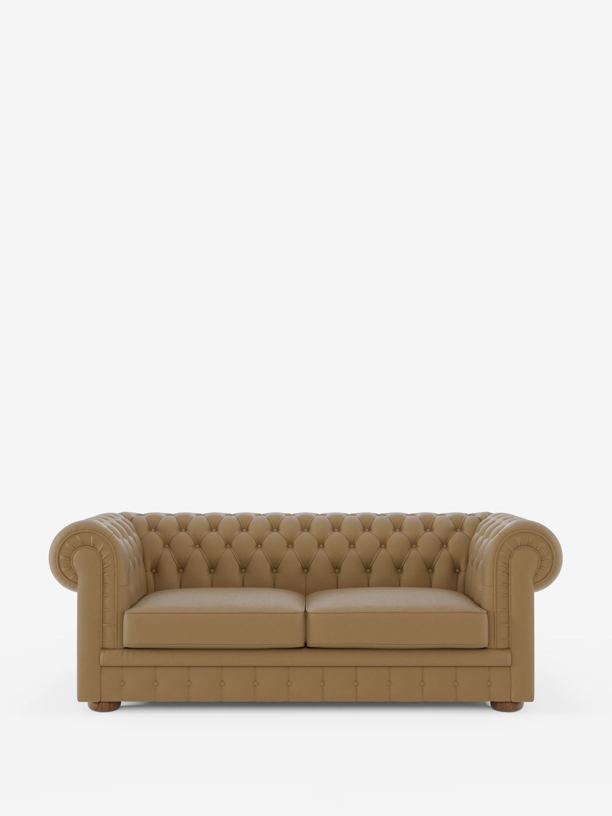 Un divano Chesterfield in vera pelle spessorata, nei modelli a 2 e 3 posti, realizzato da Divani.Store, è raffigurato su uno sfondo bianco. Questo divano artigianale Made in Italy presenta una profonda trapuntatura a bottoni, braccioli arrotondati, due cuscini di seduta, gambe corte in legno e un design classico ed elegante.
