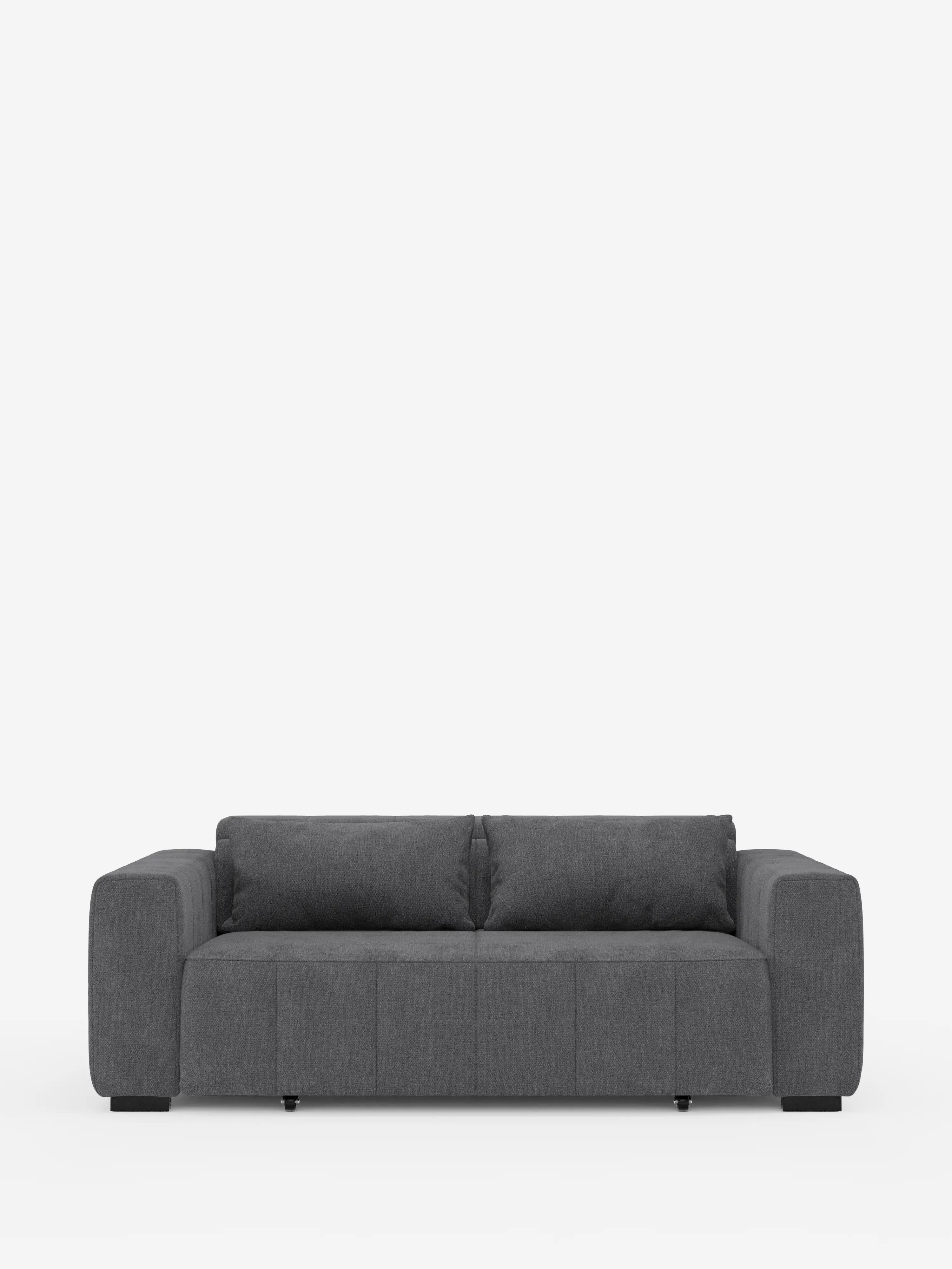 Un divano a 3 posti in stile dorico contemporaneo, di colore grigio scuro, firmato Divani.Store, rivestito in tessuto T23 resistente alle macchie, caratterizzato da ampi braccioli squadrati, due morbidi cuscini dello schienale e una silhouette minimalista dalle linee squadrate. Su uno sfondo bianco a tinta unita, questo divano poggia su gambe corte nere e offre sedute allungabili con funzione di reclinazione elettrica e poggiatesta regolabili per un comfort ancora maggiore.