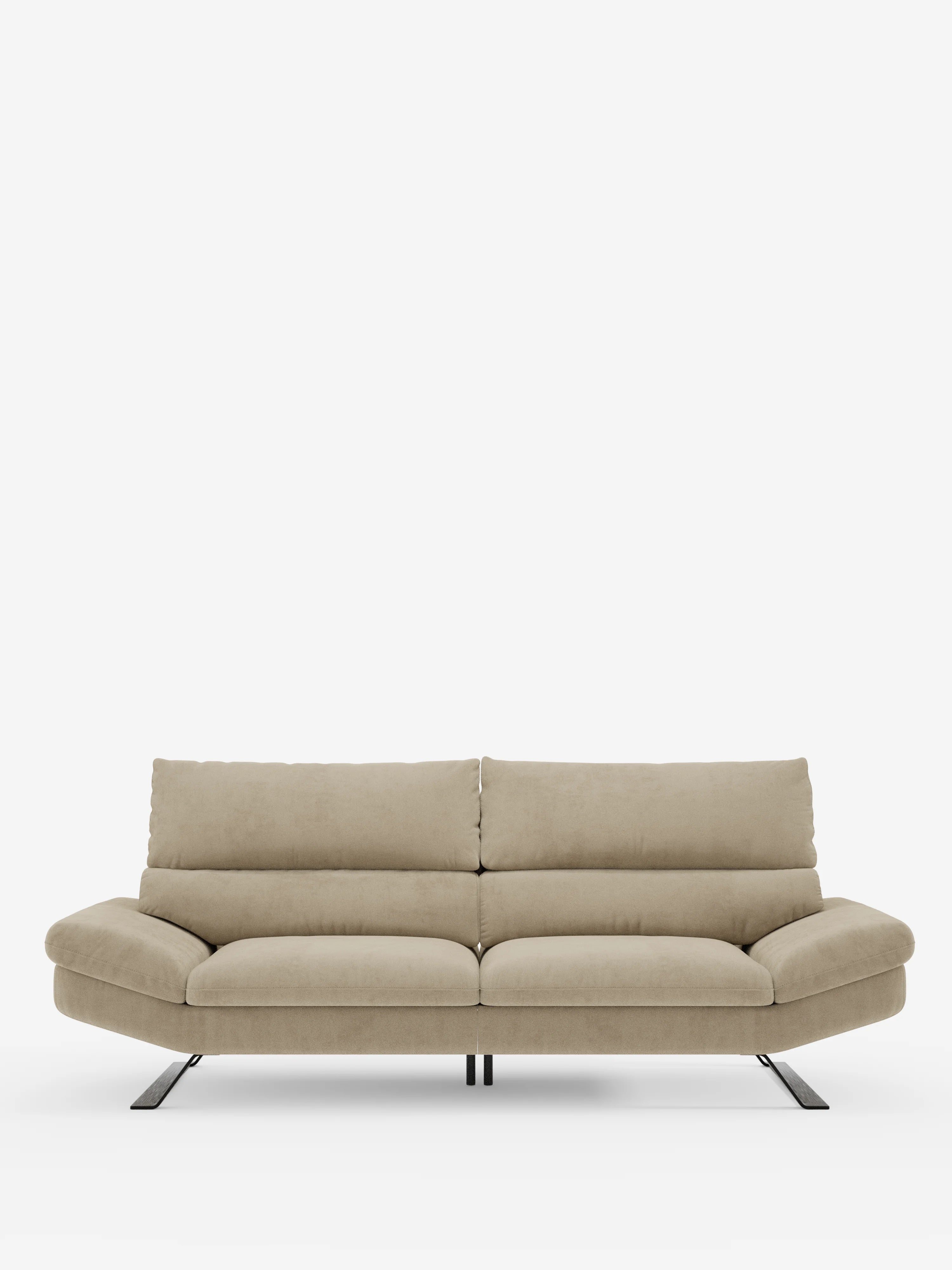 Vi presentiamo il divano Eclipse dal design moderno a 2 e 3 posti con schienali traslanti di Divani.Store: un divano contemporaneo color beige caratterizzato da morbidi cuscini, ampi braccioli e schienali bassi regolabili. Questo divano contemporaneo minimalista poggia su piedini alti in metallo nero, sottili e angolati, ed è rivestito in elegante microfibra T11, facile da pulire. Esposto su uno sfondo bianco a tinta unita, il suo design incarna lo stile moderno.