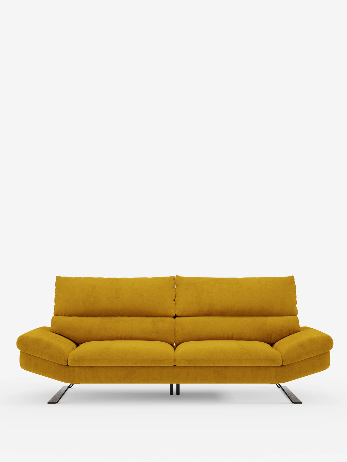 Su uno sfondo bianco a tinta unita, il divano Eclipse dal design moderno di Divani.Store spicca con il suo vivace giallo senape. Questo divano contemporaneo, disponibile nella versione a 2 o 3 posti, è caratterizzato da morbidi cuscini, ampi braccioli, eleganti gambe alte in metallo su entrambi i lati e schienali traslanti, il tutto rivestito in microfibra T11, un tessuto elegante e facile da pulire. La sua silhouette orizzontale esalta il fascino elegante del divano.