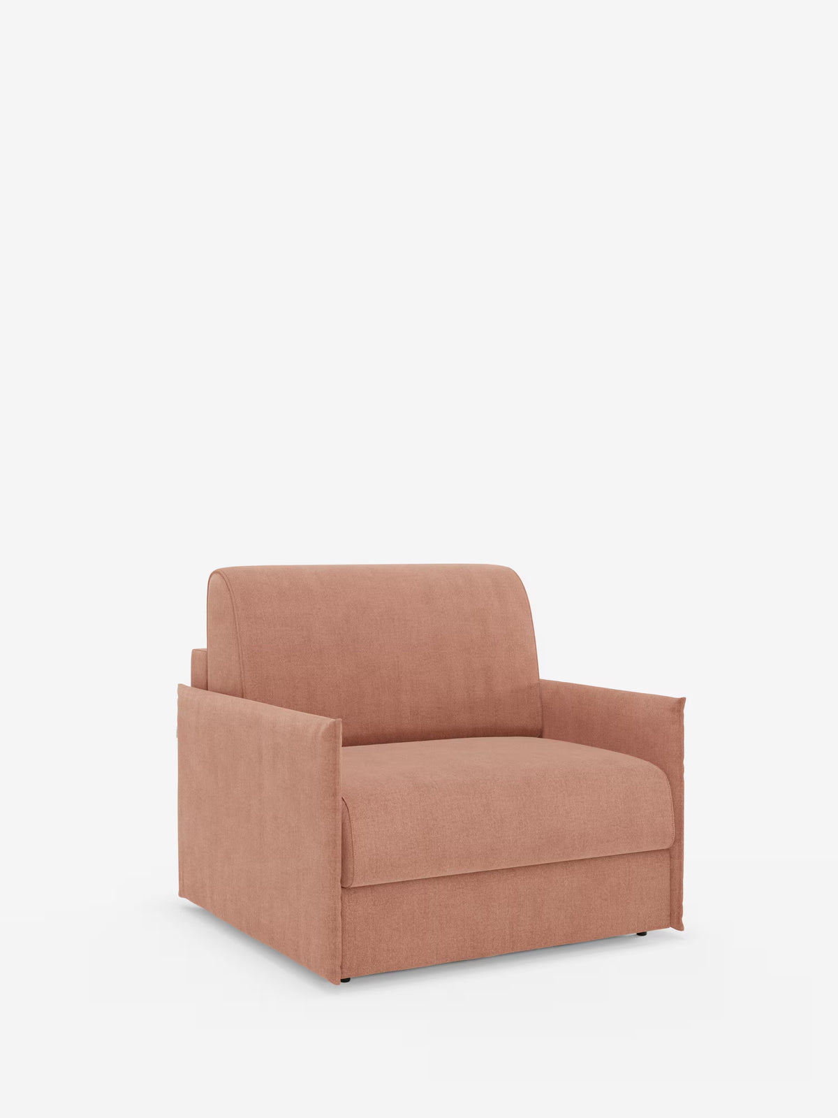 La poltrona letto compatta Evans con materasso di Divani.Store è una poltrona ampia e moderna, rivestita in tessuto rosa terracotta dalle tonalità tenui, raffigurata su uno sfondo bianco. Questa poltrona letto salvaspazio è caratterizzata da braccioli bassi e dritti, seduta e schienale imbottiti dalle linee pulite e semplici e dall’assenza di gambe a vista. Il suo design minimalista e contemporaneo, con rivestimento in tessuto T23 sfoderabile e antimacchia, unisce comfort e praticità a qualsiasi ambiente