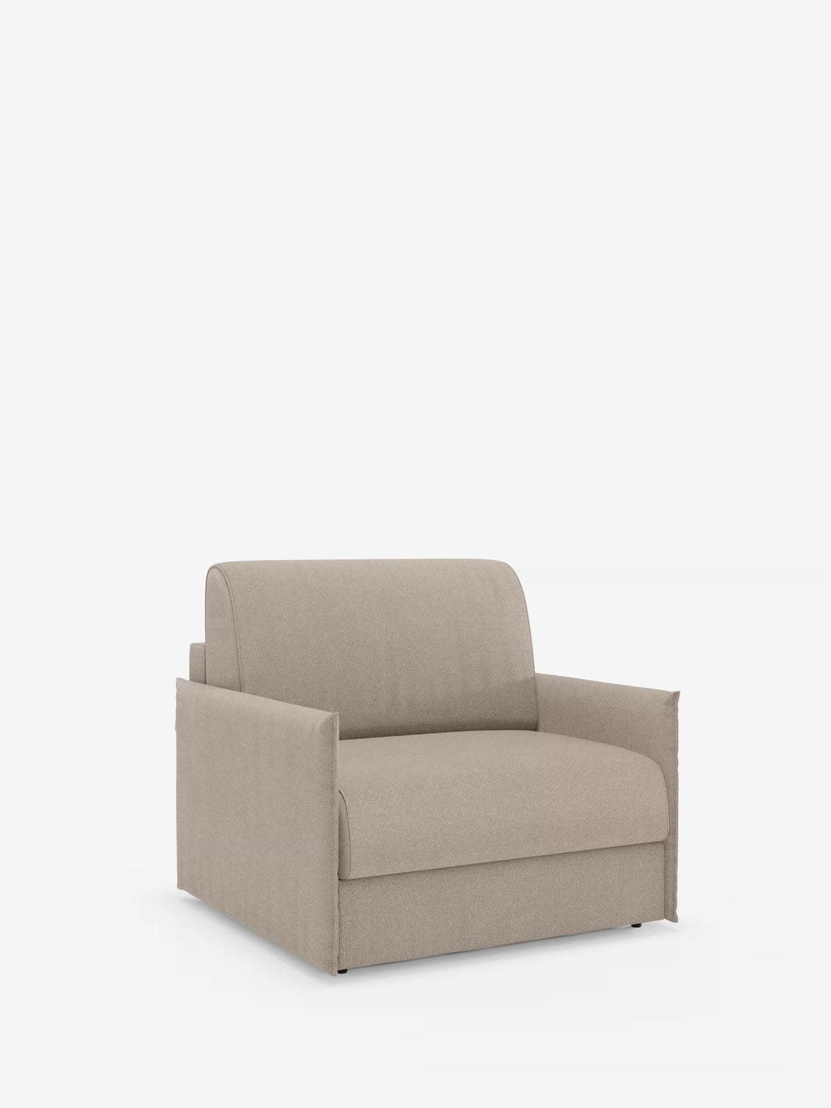 Una moderna poltrona letto compatta Evans di colore beige chiaro, disponibile su Divani.Store, spicca su uno sfondo bianco a tinta unita. Rivestita in tessuto T23 sfoderabile e antimacchia, questa poltrona presenta linee pulite, braccioli squadrati e un cuscino di seduta spesso ispirato a un materasso ortopedico per un comfort eccezionale. Priva di dettagli decorativi visibili e di gambe, presenta un look minimalista e contemporaneo, che la rende la soluzione perfetta come poltrona letto singola