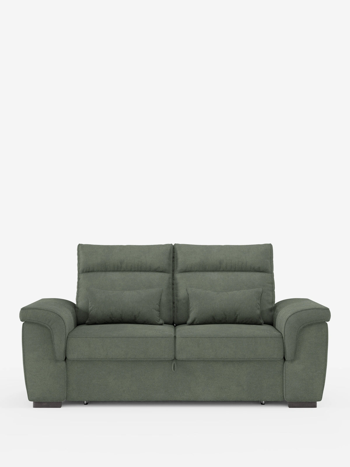 Il divano a 3 posti Ischia, con pouf estraibile e schienali scorrevoli in tessuto misto lino antimacchia, rivestito in tessuto testurizzato color verde salvia, è dotato di morbidi schienali regolabili, ampi braccioli ricurvi e due cuscini decorativi coordinati.