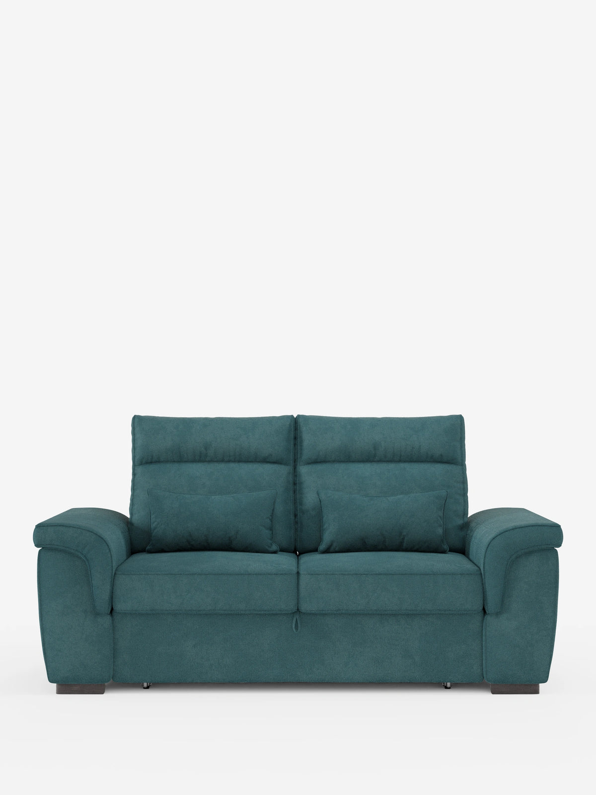 Un divano a tre posti Ischia con pouf estraibile e schienali scorrevoli in tessuto misto lino antimacchia, caratterizzato da un divano a tre posti color verde acqua con braccioli arrotondati, due cuscini decorativi e piedini bassi e scuri su uno sfondo bianco a tinta unita.