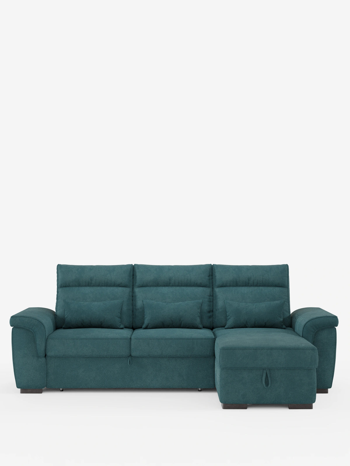 Un divano letto angolare Ischia color verde acqua con tre schienali, tre cuscini lombari coordinati e una chaise longue sul lato destro, raffigurato in tessuto a trama su uno sfondo bianco a tinta unita.