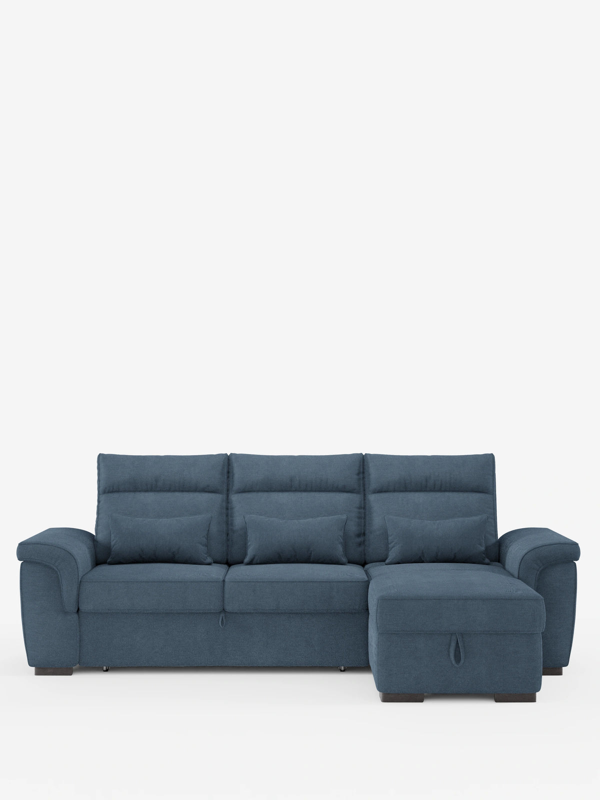 Ischia, divano letto angolare con schienali scorrevoli, elemento estraibile e penisola contenitore in tessuto antimacchia misto lino: un divano componibile blu con chaise longue sul lato destro, tre cuscini dello schienale e tre cuscini lombari.