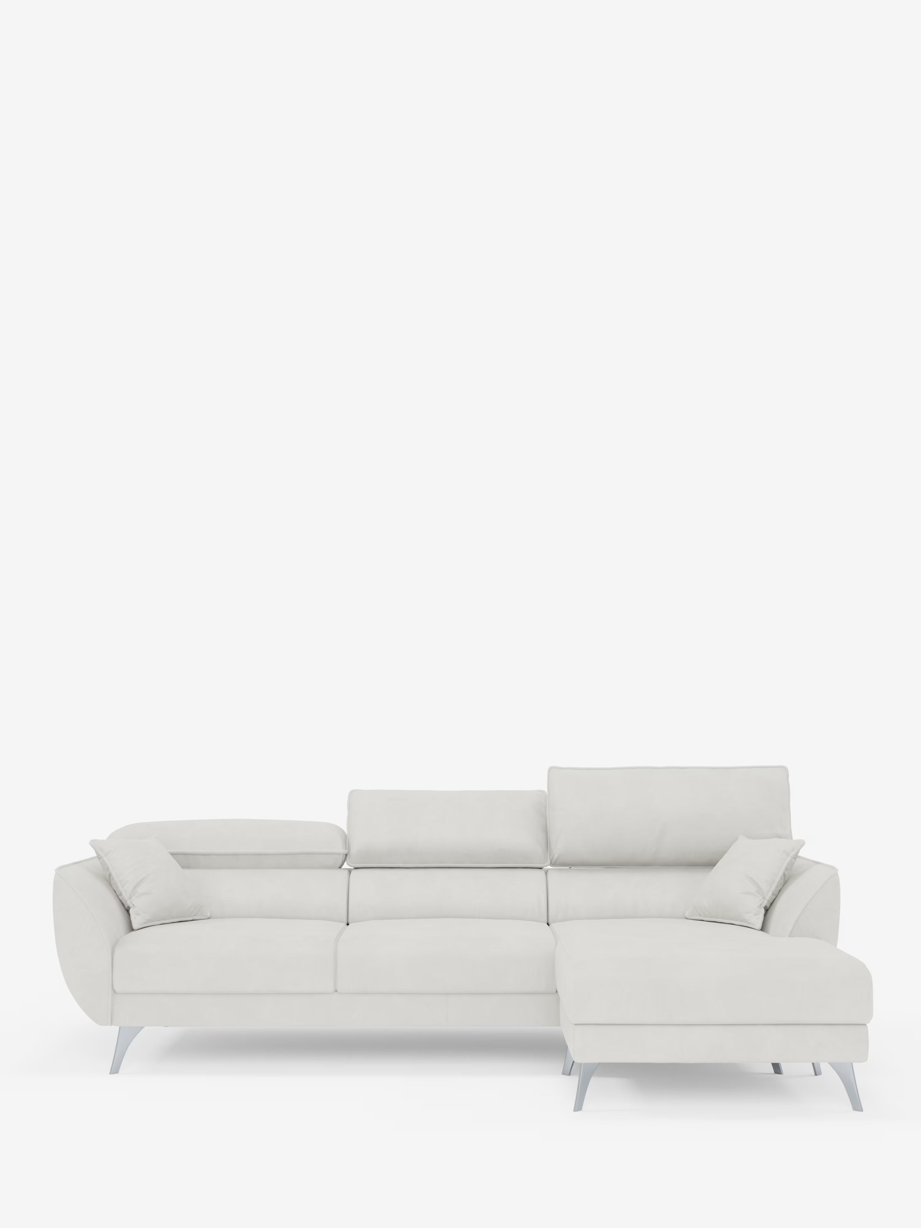 Il divano angolare contemporaneo “Michelangelo” con penisola e sedute estensibili di Divani.Store è presentato in tessuto T30 effetto velluto grigio chiaro, resistente alle macchie. Il divano componibile presenta eleganti gambe in metallo, ampi braccioli e tre cuscini dello schienale con poggiatesta reclinabili. Sul lato destro si estende una chaise longue annessa. Sul divano sono disposti due cuscini coordinati, il tutto su uno sfondo bianco a tinta unita.