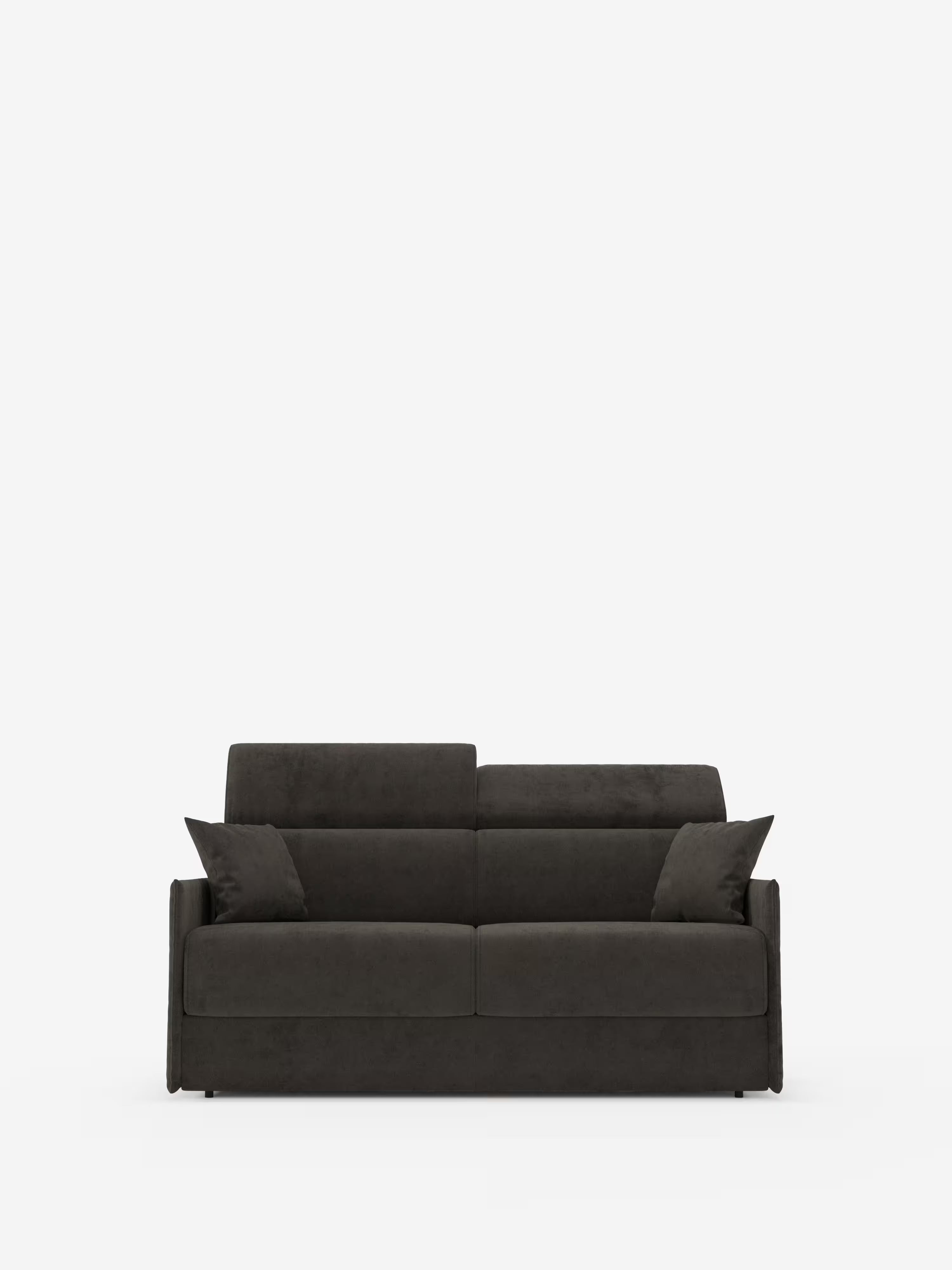 Vi presentiamo il divano letto Miryam con poggiatesta reclinabili e comfort maxi di Divani.Store: un divano compatto e moderno, color grigio scuro, realizzato in morbido tessuto T31 resistente alle macchie. Caratterizzato da uno schienale alto e da due cuscini quadrati abbinati, questo elegante divano offre poggiatesta reclinabili per un comfort ancora maggiore. Sullo sfondo di un bianco semplice, è la scelta ideale per chi apprezza uno stile minimal contemporaneo nella propria casa.