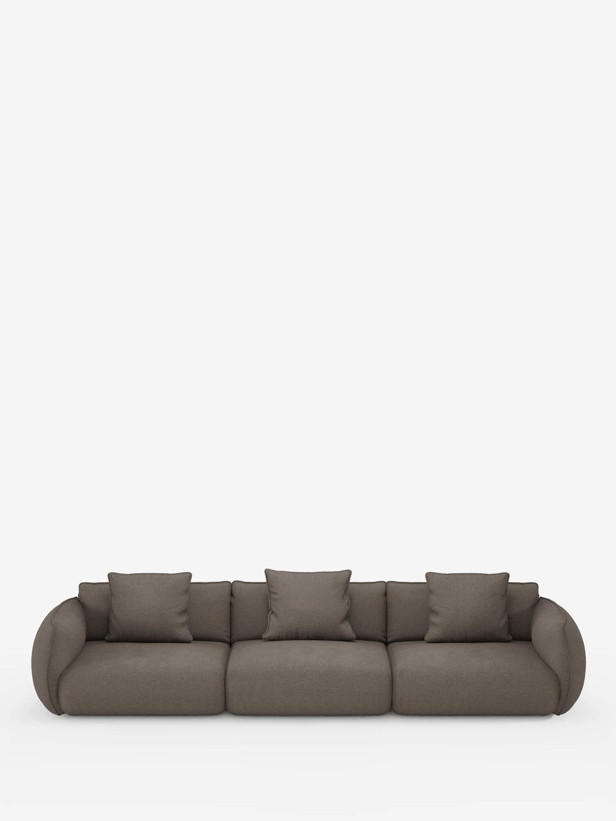 Un divano modulare contemporaneo color marrone scuro a tre posti di Divani.Store, il divano modulare Nimbus a 3 posti, è realizzato in morbido tessuto T33 effetto cotone, resistente alle macchie. Caratterizzato da braccioli e schienale arrotondati, tre cuscini di seduta e quattro cuscini quadrati coordinati, le sue fodere sfoderabili ne facilitano la manutenzione. Su uno sfondo bianco a tinta unita, spicca il design minimalista di questo complemento d’arredo.
