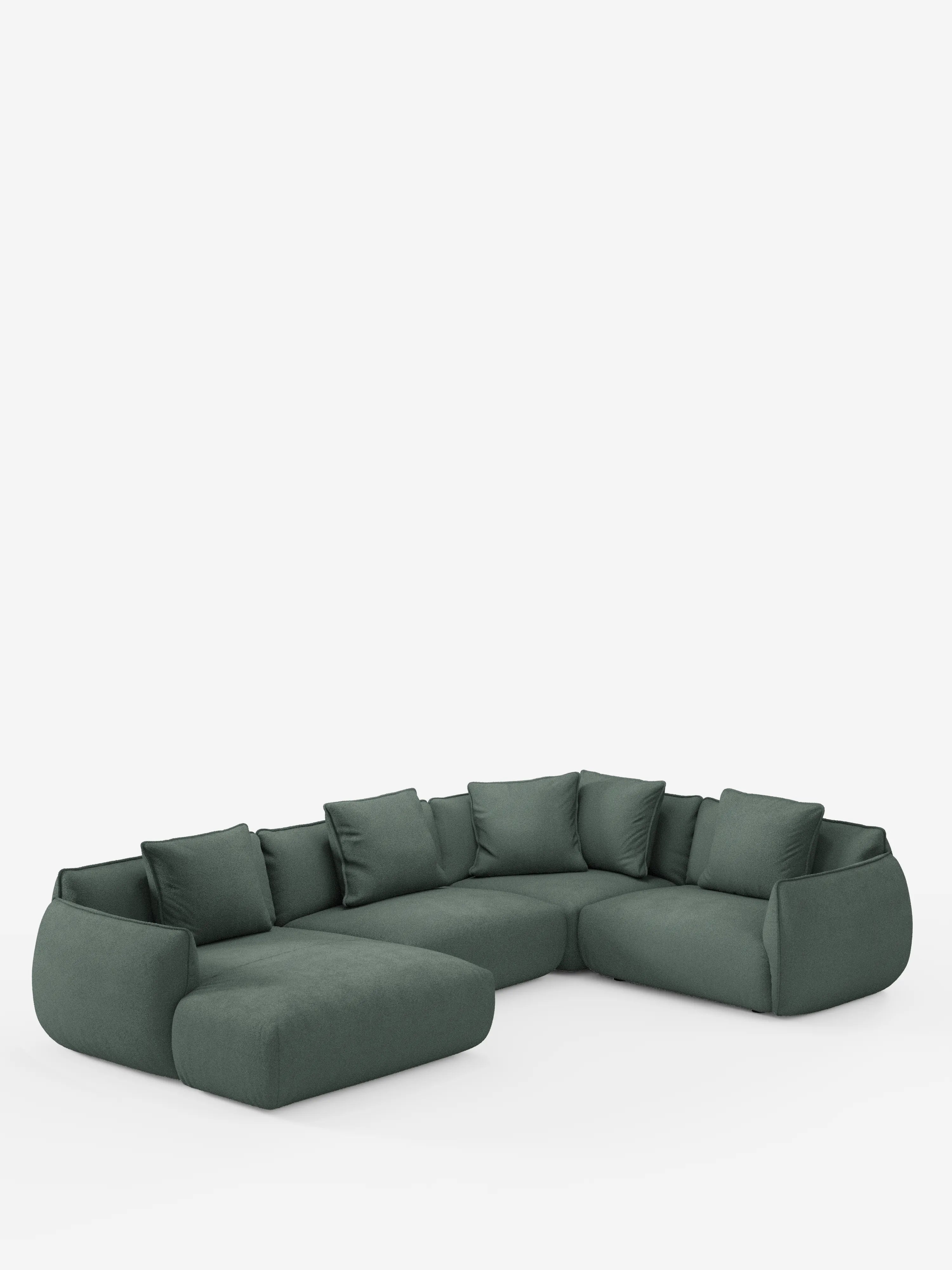 Il divano angolare panoramico componibile Nimbus con penisola e angolo in tessuto smacchiabile t33 di Divani.Store è un moderno divano componibile a L di colore verde intenso, caratterizzato da morbidi cuscini e da un design dal profilo basso con bordi arrotondati, che spicca su uno sfondo bianco a tinta unita.