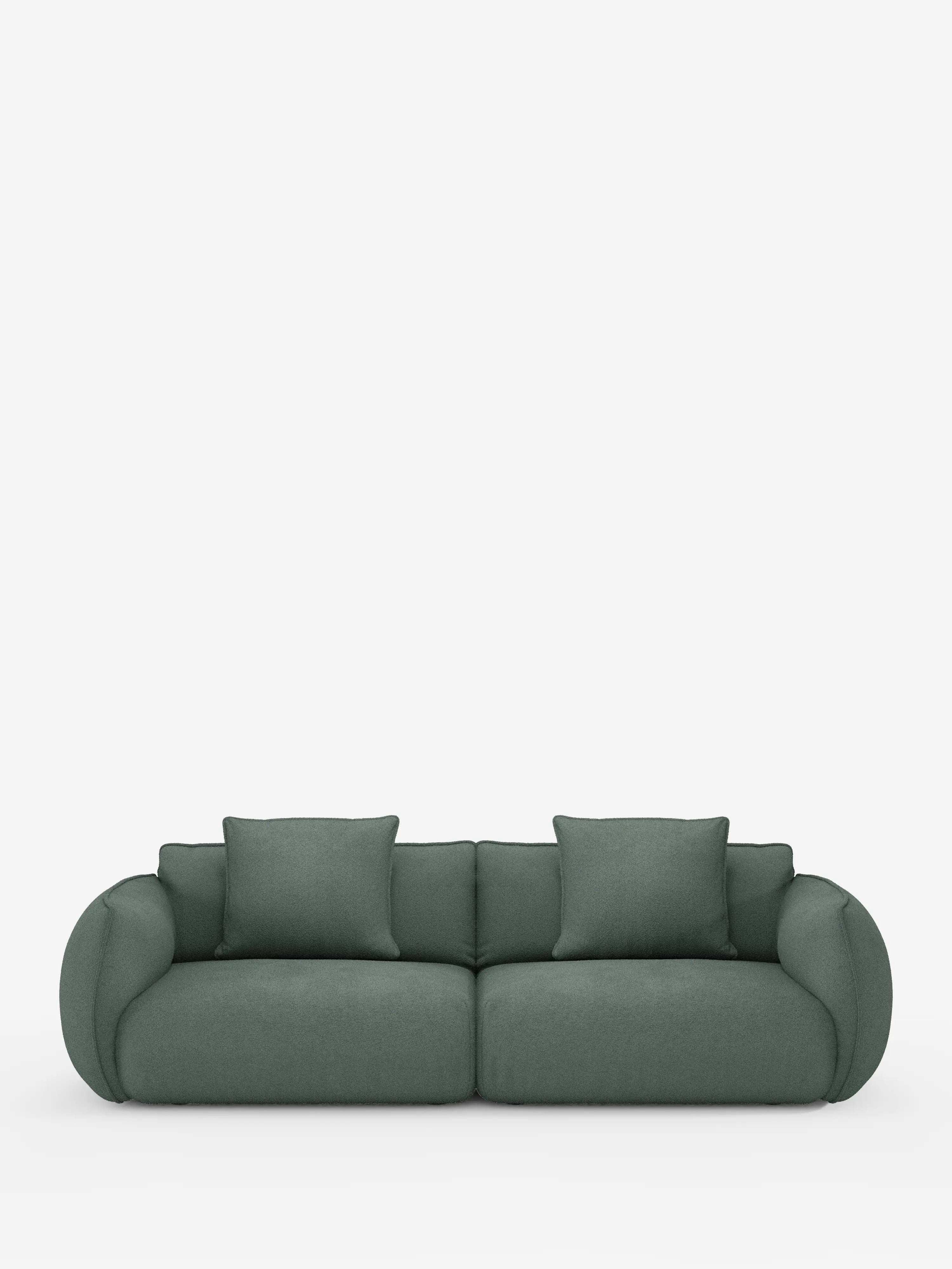 Un moderno divano modulare e componibile a 3 posti Nimbus, colore verde scuro, da 250 cm di Divani.Store, caratterizzato da braccioli e schienale morbidi e arrotondati. Questo divano minimalista e confortevole presenta due ampi cuscini di seduta e quattro cuscini dello schienale di forma quadrata, rivestiti in tessuto effetto cotone (t33) sfoderabile e resistente alle macchie, su uno sfondo bianco a tinta unita.