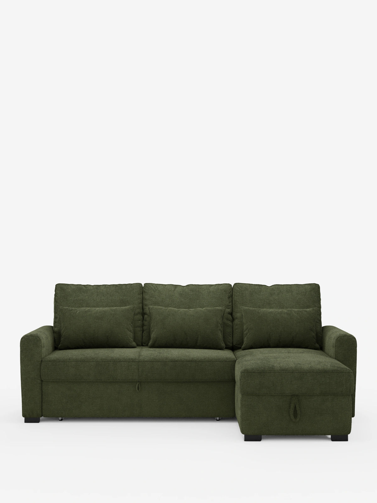 Un divano letto Ottaviano color verde bosco con letto estraibile – penisola reversibile e contenitore in tessuto materico smacchiabile con chaise longue – è raffigurato su uno sfondo bianco, con tre cuscini dello schienale e tre cuscini lombari più piccoli.