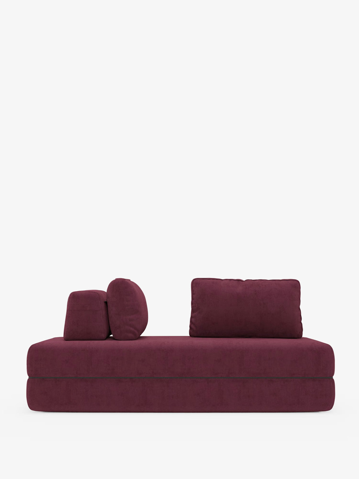Un divano letto matrimoniale moderno e minimalista della linea Rift, disponibile nelle versioni a 2 e 3 posti con schienali mobili, realizzato da Divani.Store, caratterizzato da un materasso in memory foam alto 24 cm e da un rivestimento in tessuto T31 antimacchia, si staglia su uno sfondo bianco a tinta unita. Due cuscini rettangolari (schienali mobili) sono posizionati ai lati sinistro e destro, accompagnati da due cuscini cilindrici coordinati.