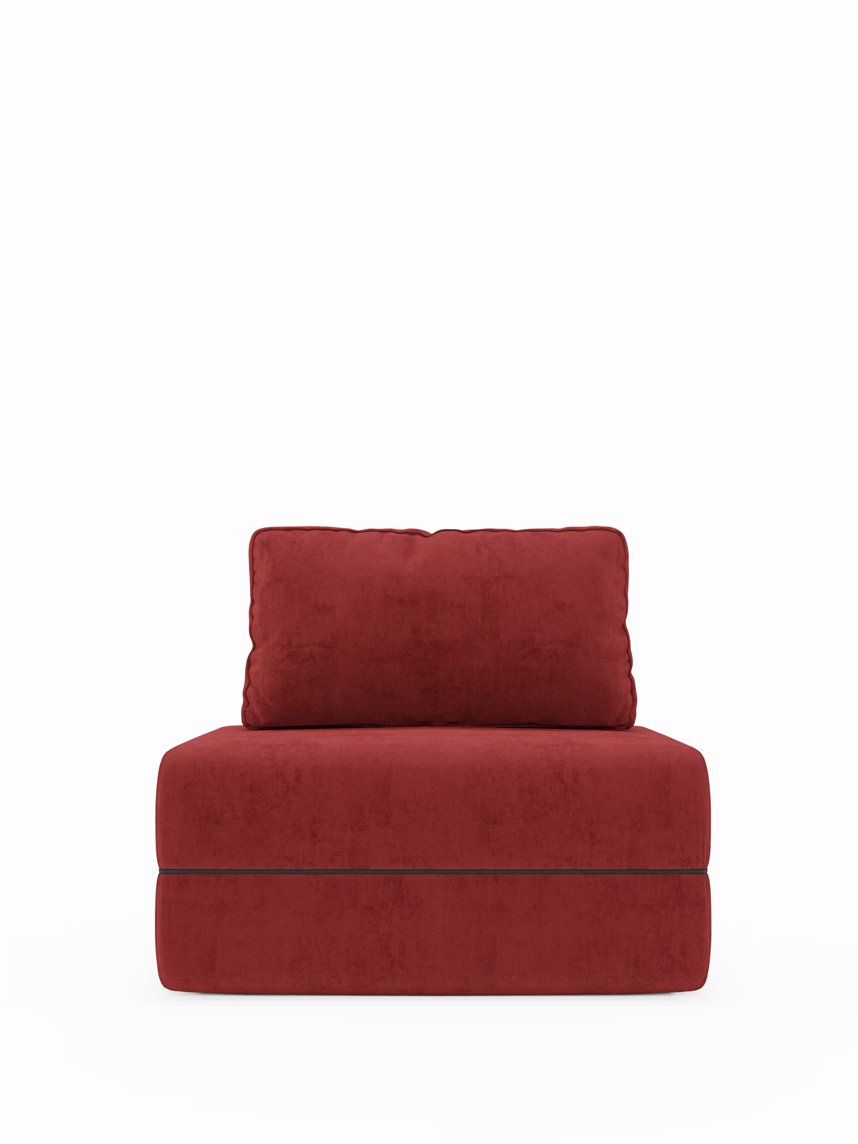 La poltrona letto Rift di Divani.Store è una poltrona moderna senza braccioli, rivestita in tessuto T31 di un rosso intenso e ricco, resistente alle macchie. Caratterizzata da un cuscino di seduta spesso e da un cuscino dello schienale rettangolare abbinato — entrambi morbidi e lisci — offre un comfort eccezionale grazie al materasso in memory foam alto 22 cm e allo schienale regolabile. Su uno sfondo bianco a tinta unita, il design minimalista e il colore vivace di questa poltrona risaltano magnificamente.