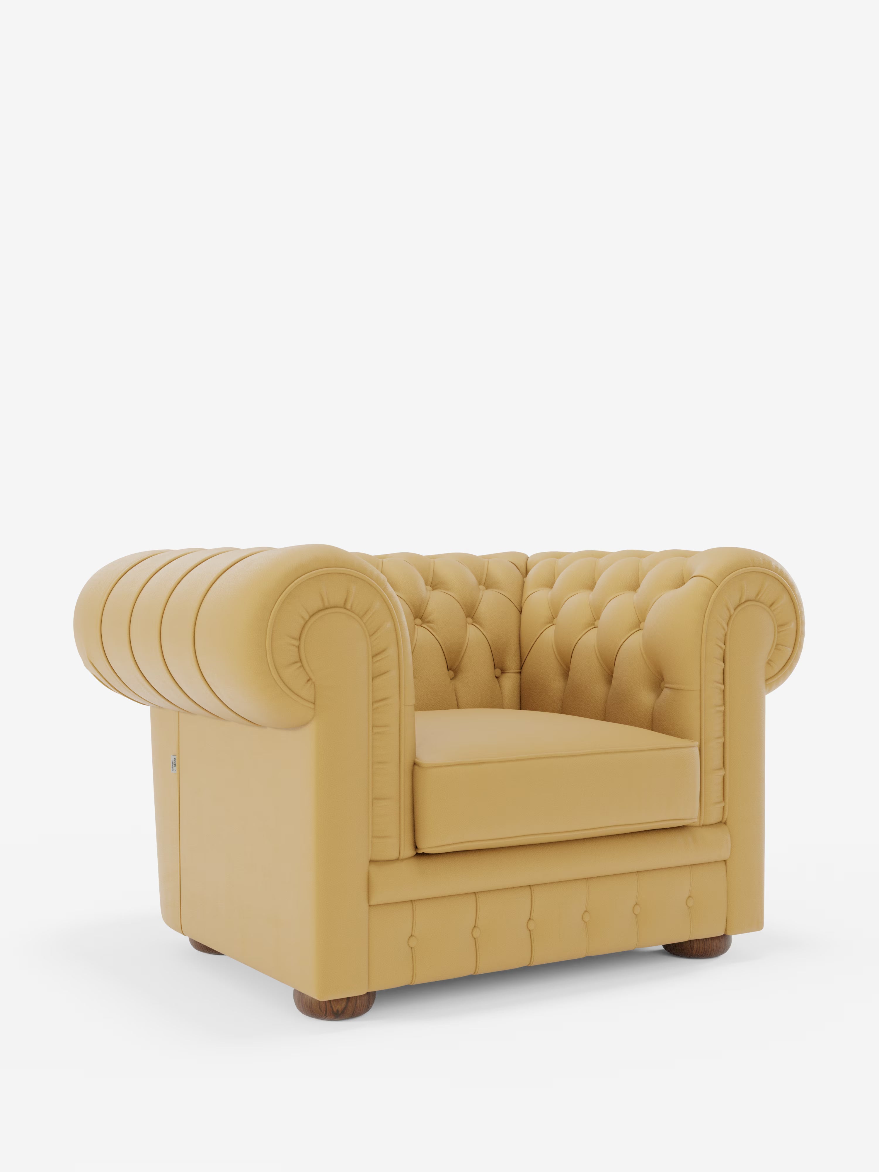 Una poltrona Chester color cuoio, realizzata in vera pelle spessorata con capitonné artigianale, firmata Divani.Store, caratterizzata da una profonda trapuntatura a bottoni, braccioli arrotondati e gambe in legno. Questa poltrona in vera pelle presenta dettagli artigianali in capitonné che le conferiscono un look intramontabile e lussuoso ed è esposta su uno sfondo bianco con morbide ombre alla base.