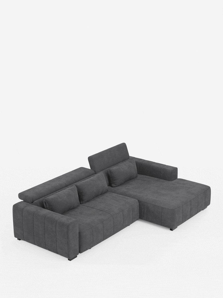 Doric Canapé d’angle avec méridienne et assises extensibles avec relax électrique - appuie-têtes inclinables en tissu anti-taches T23