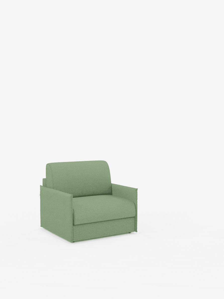 La poltrona letto compatta Evans con materasso di Divani.Store, rivestita in tessuto T23 sfoderabile e antimacchia, si trasforma facilmente da un’elegante poltrona verde a un divano letto compatto. Su uno sfondo bianco, lo schienale si ribalta e la seduta scorre in avanti per rivelare un materasso di 70 x 197 cm.