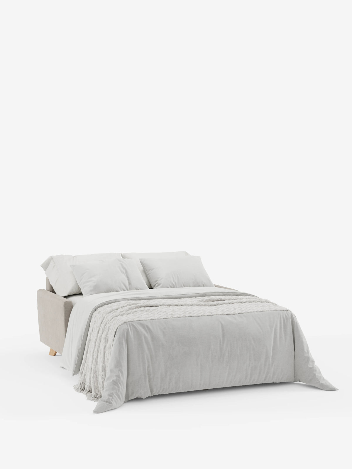 Il divano letto Francy con poggiatesta regolabili di Divani.Store, rivestito in elegante tessuto T30 antimacchia e con fodere rimovibili al 100%, è qui raffigurato aperto in una moderna tonalità di grigio chiaro. Impreziosito da biancheria da letto, due grandi cuscini, una coperta spessa e un morbido plaid, il letto mette in risalto la sua consistenza morbida e invitante e lo stile contemporaneo sullo sfondo bianco a tinta unita.