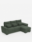 Un divano letto angolare Ischia color verde salvia con schienali scorrevoli, elemento estraibile e penisola contenitore in tessuto antimacchia misto lino è dotato di tre cuscini dello schienale, tre cuscini decorativi, una chaise longue e una base contenitore estraibile.