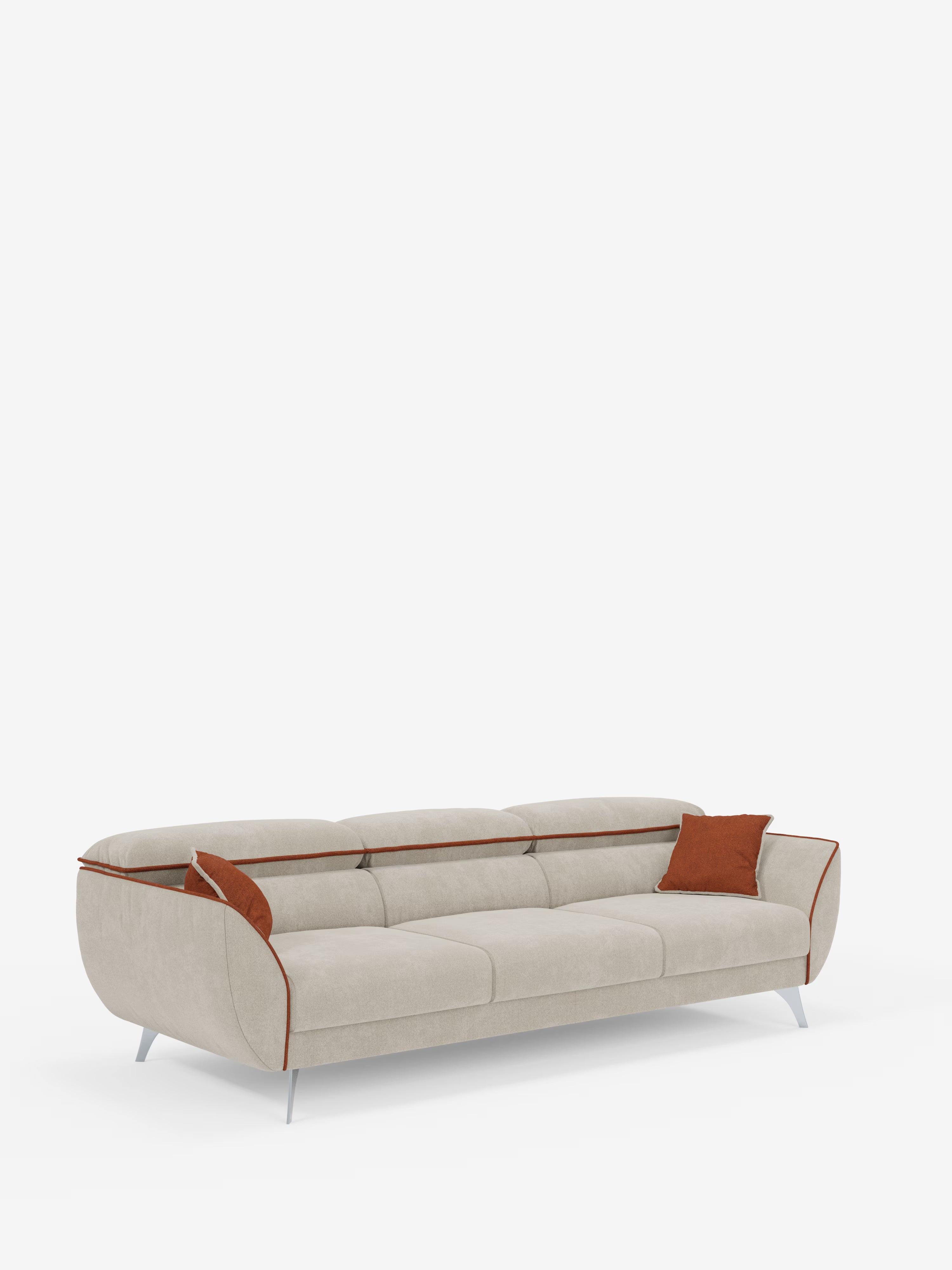 Elegante e moderno, il divano Michelangelo 4 Posti bicolore di Divani.Store è rivestito in morbido tessuto T23 beige, facile da pulire, con eleganti bordi arrotondati e sottili gambe argentate. Una caratteristica bordatura arancione sottolinea le cuciture, mentre due cuscini decorativi arancioni abbinati completano il look. Su uno sfondo bianco a tinta unita, questo divano vanta tre sedute estensibili e poggiatesta regolabili, che ne sottolineano il design contemporaneo e il comfort invitante.