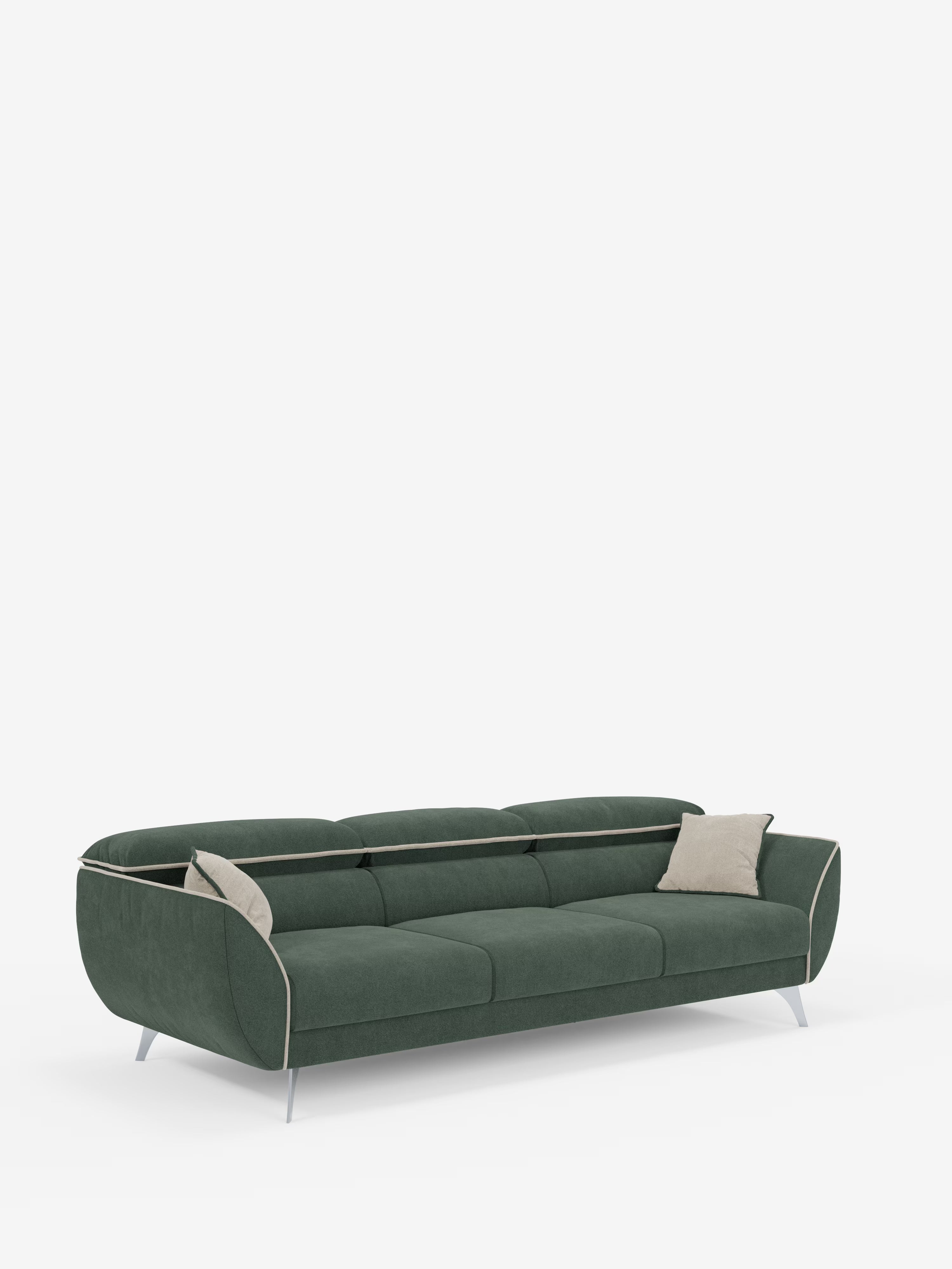 Un divano contemporaneo Michelangelo 4 Posti bicolore di Divani.Store, in verde scuro, caratterizzato da bordi arrotondati, eleganti profili bianchi e sottili gambe in metallo. Tre sedute estensibili e poggiatesta regolabili in tessuto T23 facile da pulire ne esaltano il comfort e la funzionalità. Due cuscini decorativi beige chiaro sono posizionati alle due estremità. Sullo sfondo bianco a tinta unita, il design semplice ma raffinato di questo divano con tre sedute reclinabili risalta magnificamente.