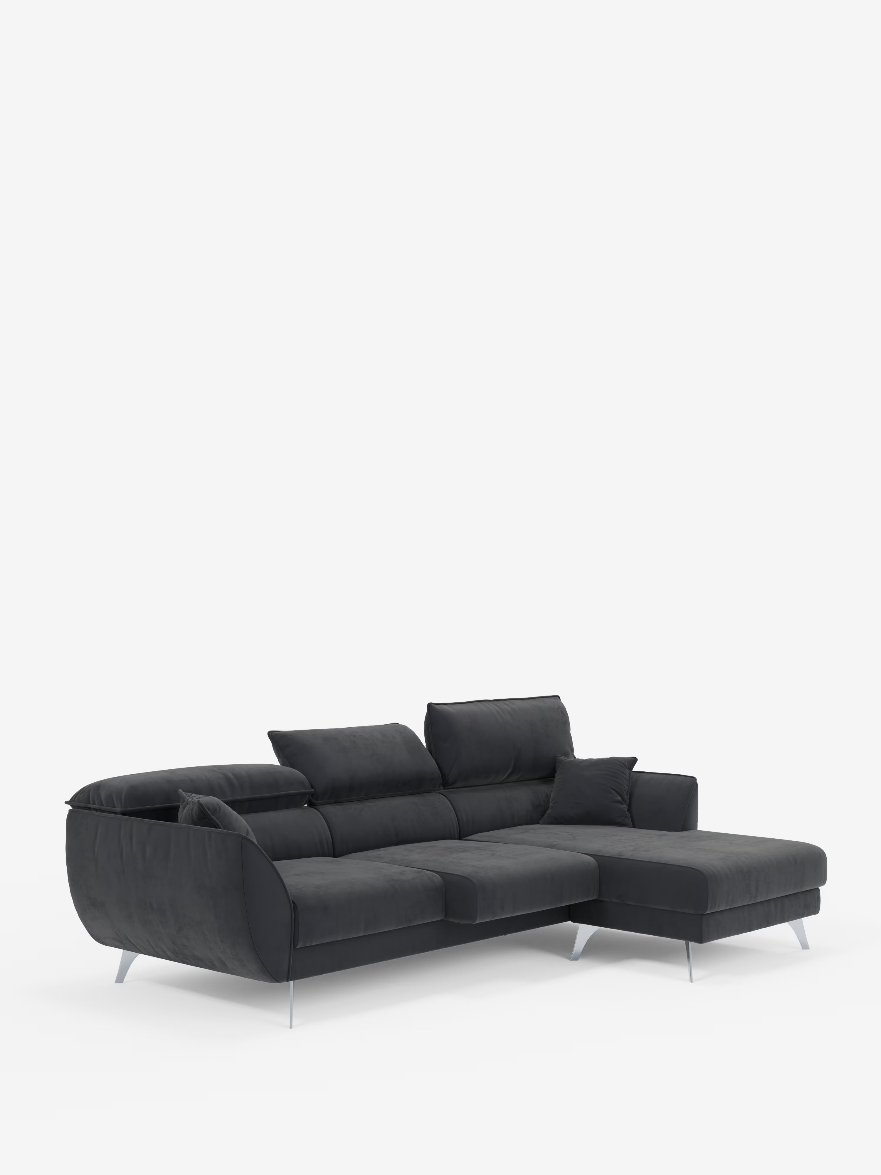 Il divano angolare con penisola e sedute estensibili “Michelangelo” di Divani.Store è un moderno divano componibile in grigio scuro, caratterizzato da gambe in metallo, poggiatesta reclinabili, una chaise longue sul lato destro, sedute estensibili per un maggiore comfort e un cuscino coordinato, il tutto realizzato in raffinato tessuto T30 effetto velluto, facile da pulire, su uno sfondo bianco a tinta unita.