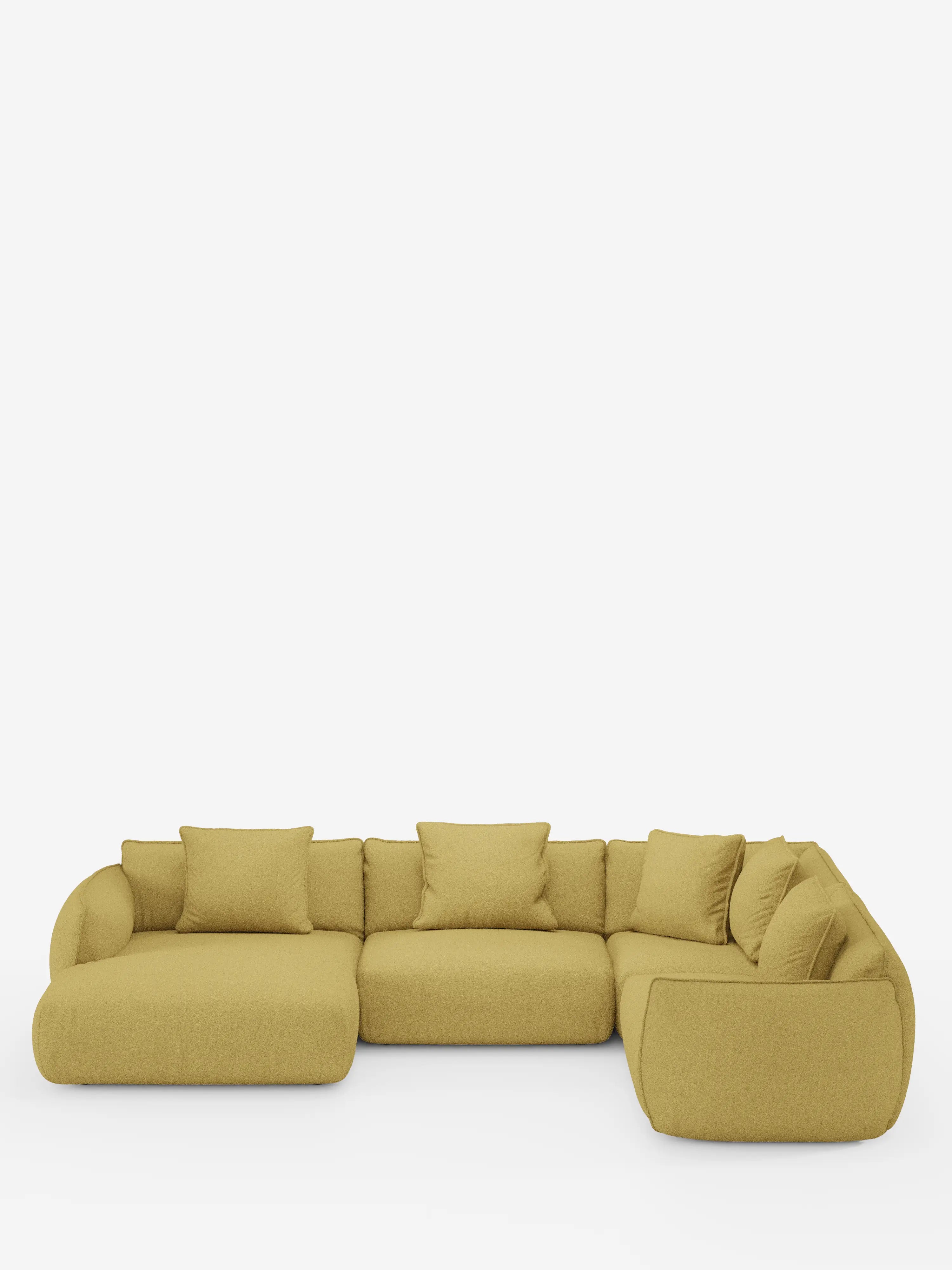 Il divano angolare panoramico componibile Nimbus con penisola e angolo in tessuto antimacchia T33 di Divani.Store è un moderno divano componibile in tessuto giallo senape antimacchia, caratterizzato da braccioli e schienale bassi e arrotondati, cinque cuscini quadrati coordinati e una chaise longue sul lato sinistro; sapientemente realizzato in Italia e presentato su uno sfondo bianco a tinta unita.