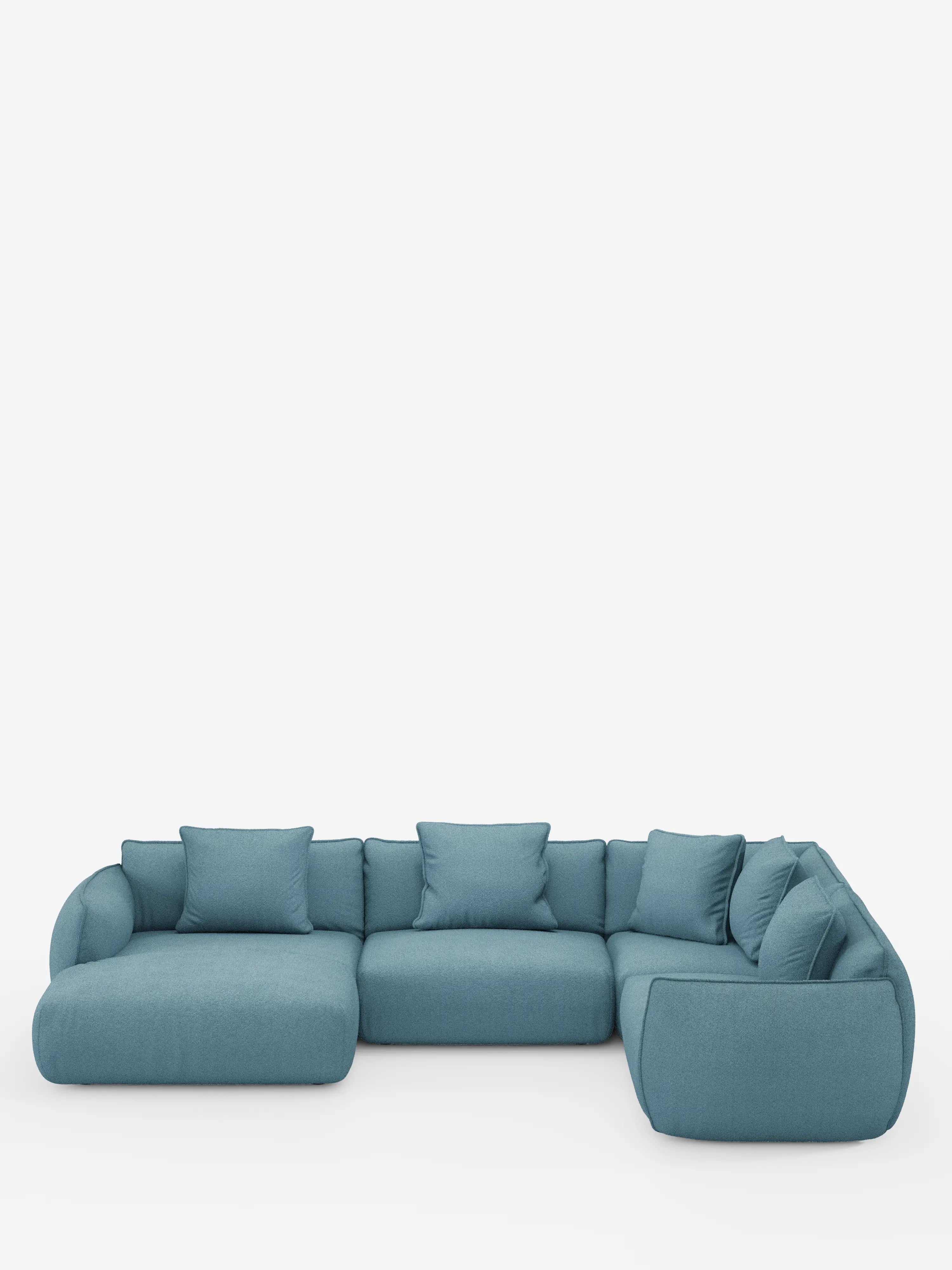 Vi presentiamo il divano angolare panoramico componibile con penisola e angolo in tessuto smacchiabile T33 della linea Nimbus di Divani.Store: un divano componibile contemporaneo a forma di L in colore verde acqua, caratterizzato da morbidi cuscini di seduta e cinque cuscini dello schienale coordinati. Su uno sfondo bianco a tinta unita, questo elegante “divano modulare” è una vera e propria vetrina dell’artigianato Made in Italy.
