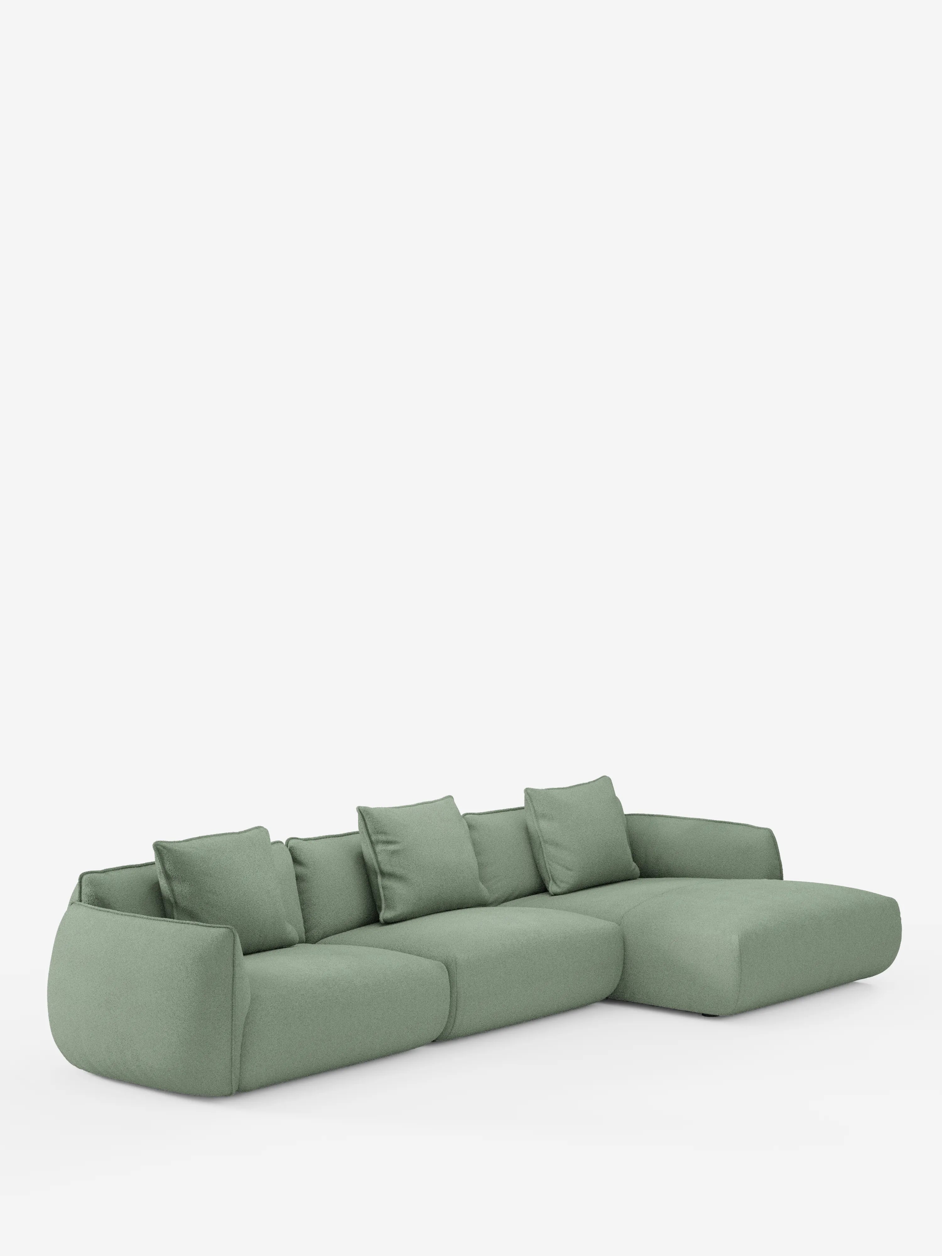 Un divano angolare contemporaneo Nimbus con penisola componibile, rivestito in morbido tessuto effetto cotone smacchiabile T33 di Divani.Store, presentato in una tonalità di verde chiaro con bordi morbidi e arrotondati e cinque cuscini dello schienale coordinati, è esposto su uno sfondo bianco. La sezione allungata della chaise longue sulla destra forma un’accogliente disposizione a L.