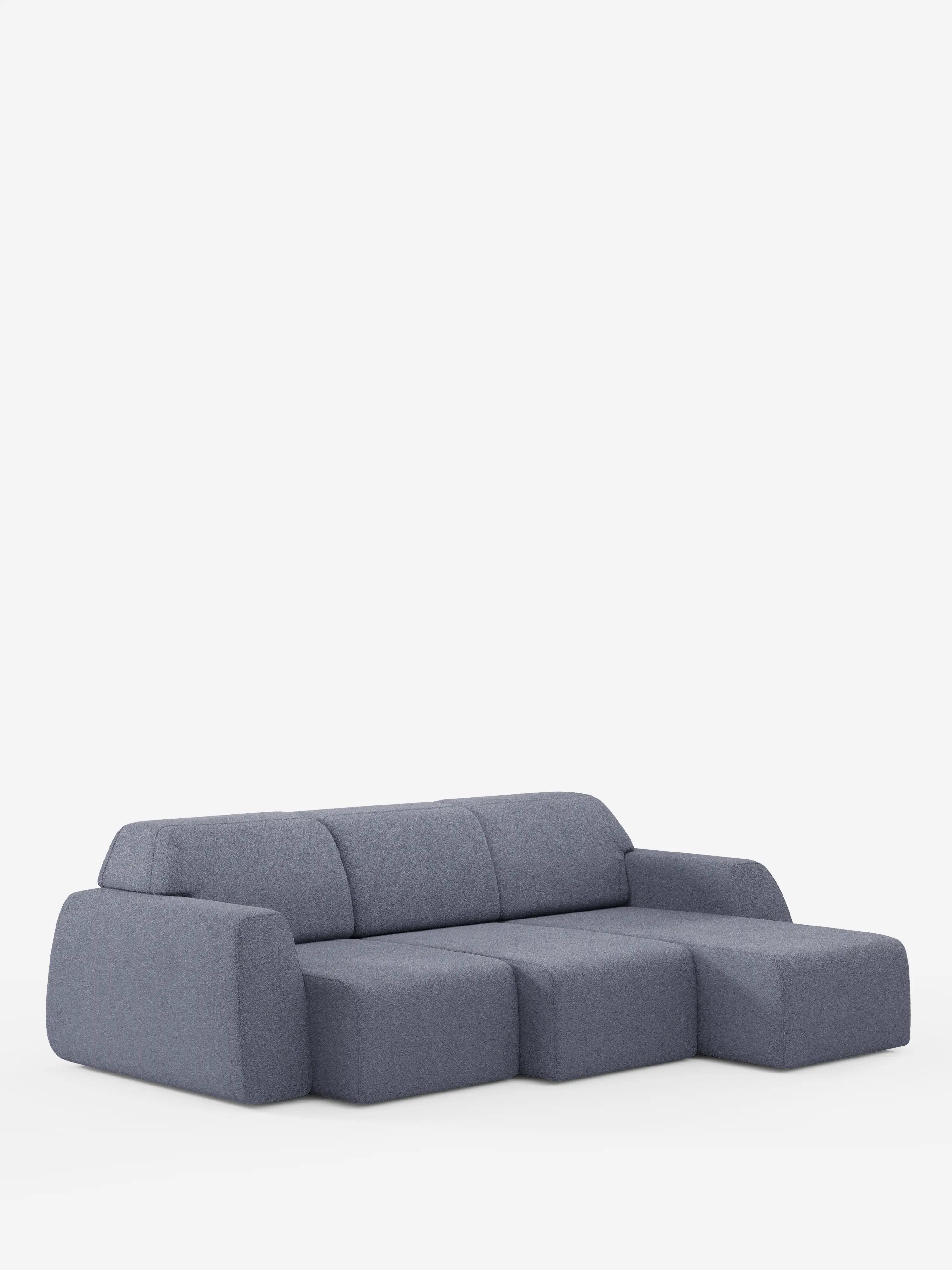 Su uno sfondo bianco a tinta unita, l’Orbit Divano angolare con penisola reversibile e tutte le sedute allungabili in tessuto smacchiabile effetto cotone T33 di Divani.Store è un divano componibile moderno e minimalista di colore grigio. Caratterizzato da tre cuscini di seduta, una chaise longue reversibile integrata, uno schienale basso e bordi arrotondati e morbidi, questo modello coniuga perfettamente uno stile di alta gamma con la massima versatilità.