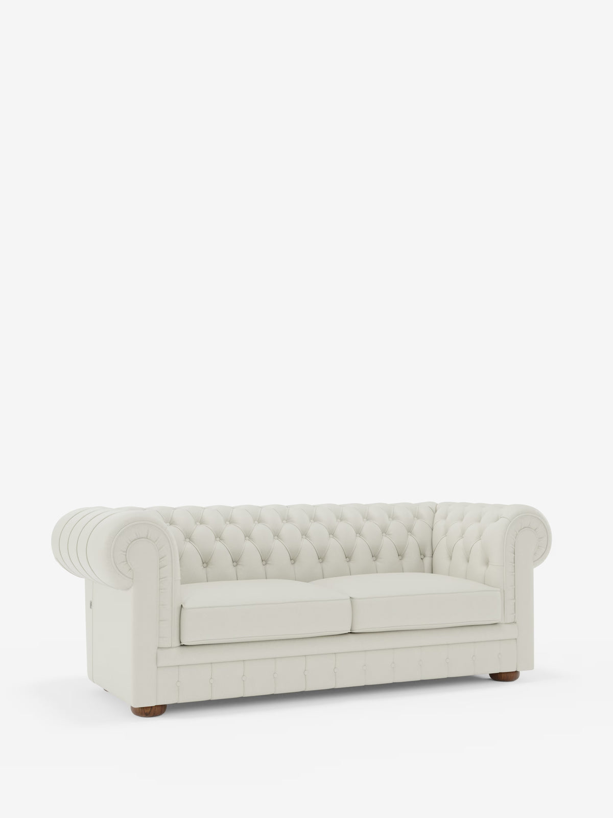 Vi presentiamo Chester di Divani.Store: un classico divano Chesterfield bianco, disponibile nelle versioni a 2 e 3 posti. Questo elegante divano artigianale Made in Italy si caratterizza per la profonda trapuntatura a bottoni, i bracci arrotondati e i due cuscini di seduta. Rivestito in lussuosa vera pelle spessorata e sostenuto da robuste gambe in legno, il Chester è esposto su uno sfondo bianco a tinta unita.