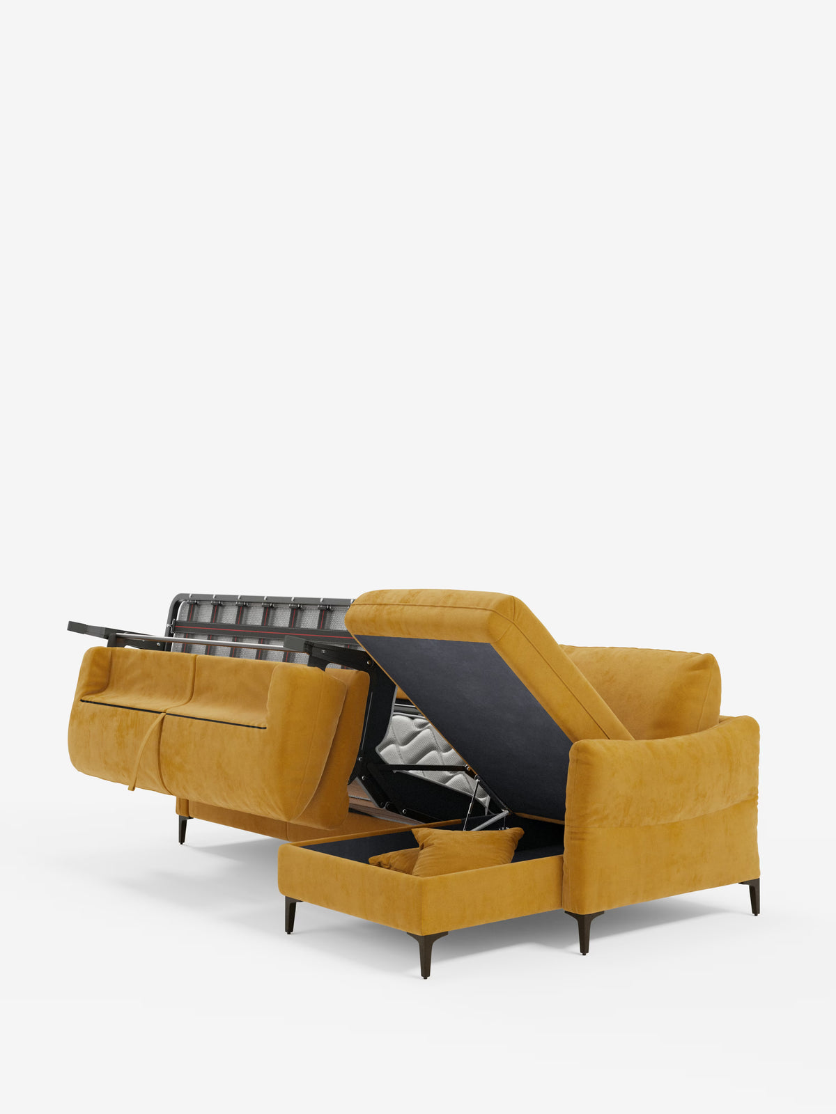 Dalia canapé-lit avec méridienne coffre de rangement et matelas de 18 cm de hauteur - pieds hauts et tissu anti-taches T30