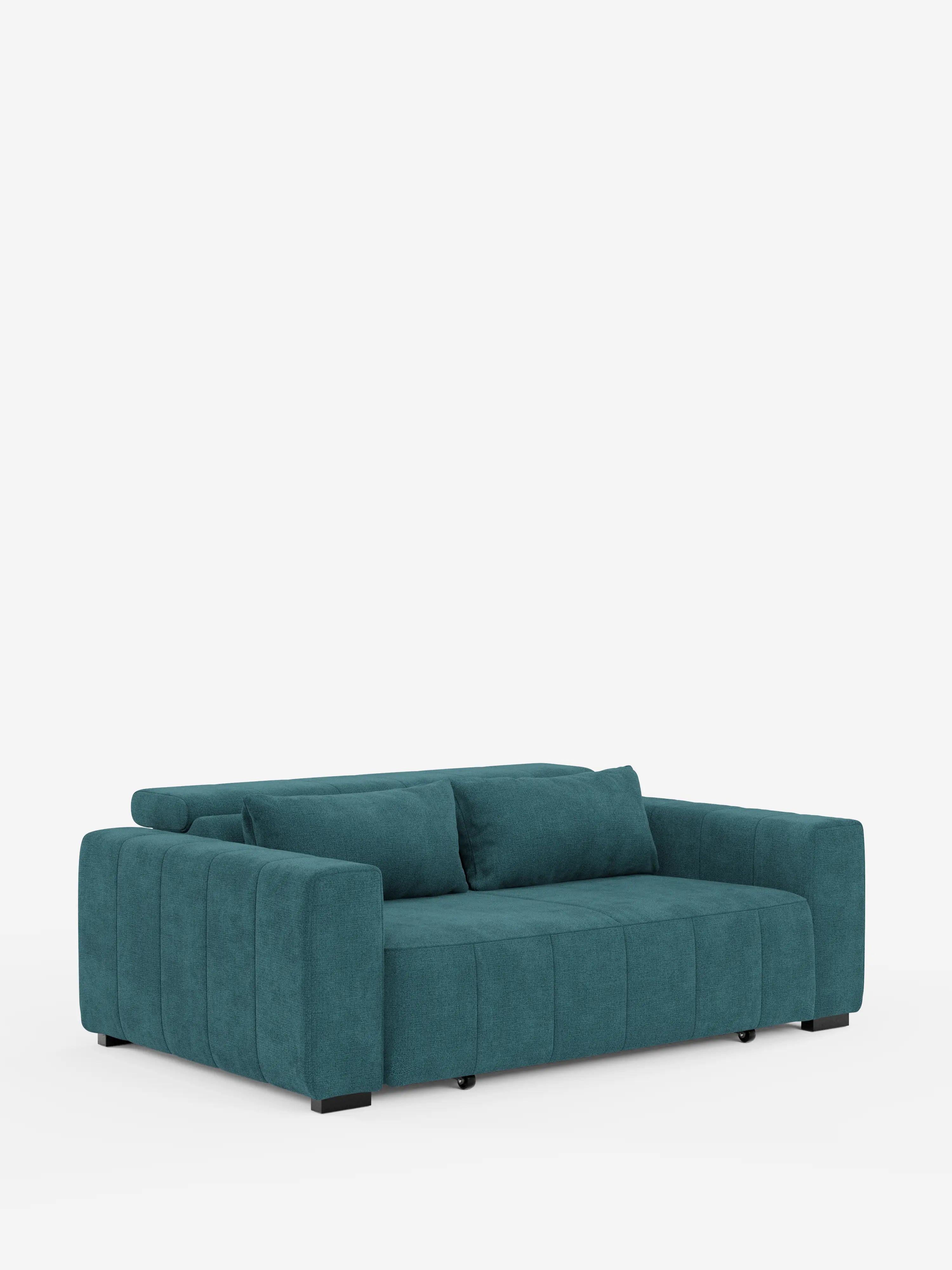 Un divano a tre posti in stile dorico in colore verde acqua contemporaneo di Divani.Store, caratterizzato da una seduta profonda, braccioli larghi, due cuscini dello schienale con cuciture verticali e piedini neri corti. Questo divano minimalista vanta sedute estensibili elettricamente e un poggiatesta reclinabile in tessuto T23 facile da pulire. Presentato su uno sfondo bianco a tinta unita per un look elegante e moderno.