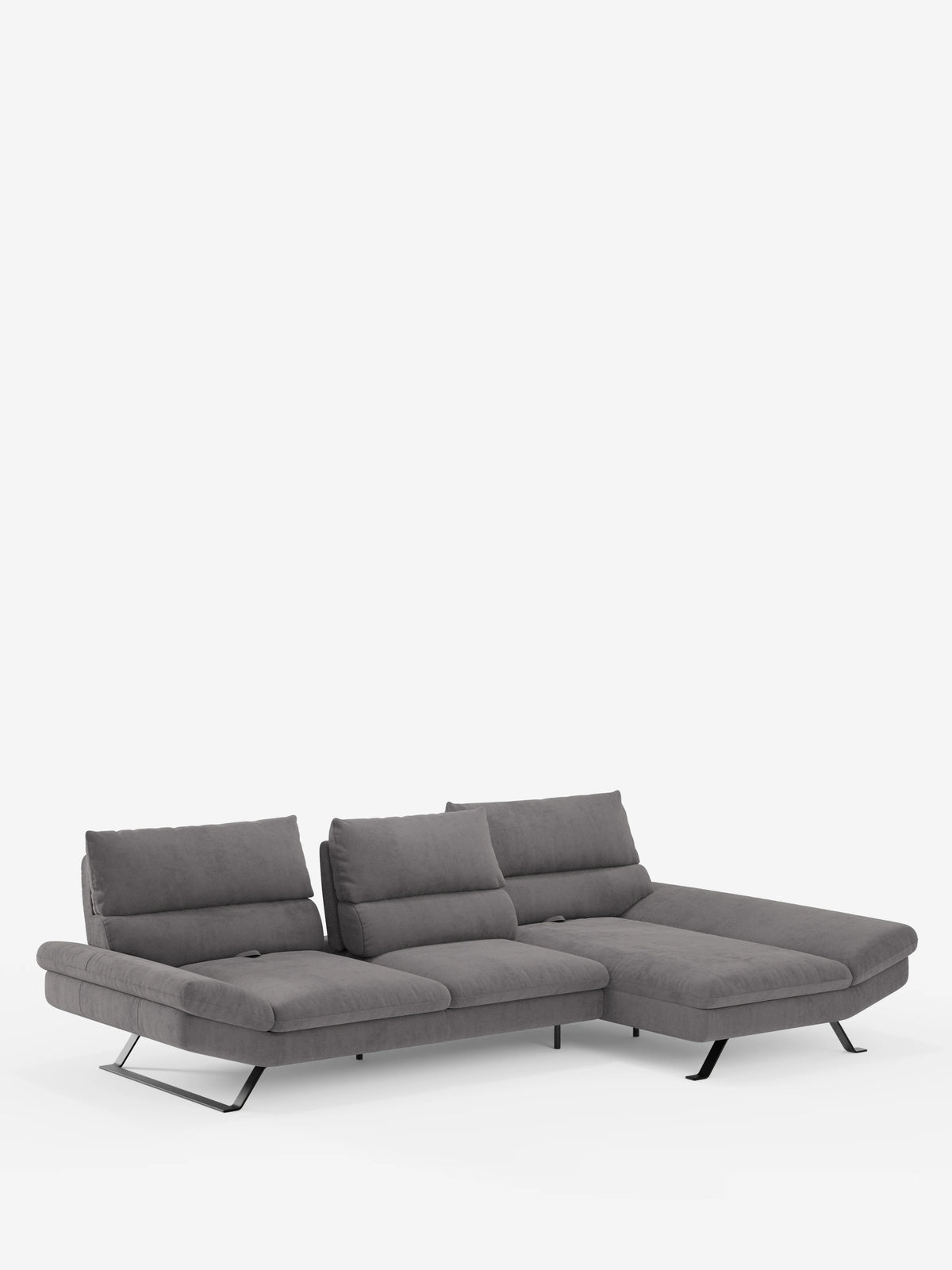 Vi presentiamo Eclipse, il divano angolare con penisola e schienali traslanti in microfibra tecnica smacchiabile T11 di Divani.Store: un moderno divano angolare grigio dotato di tre morbidi schienali regolabili (schienali traslanti) e gambe angolari in metallo. La chaise longue si estende sul lato destro, il tutto su uno sfondo bianco che ne esalta le linee slanciate e il design contemporaneo.