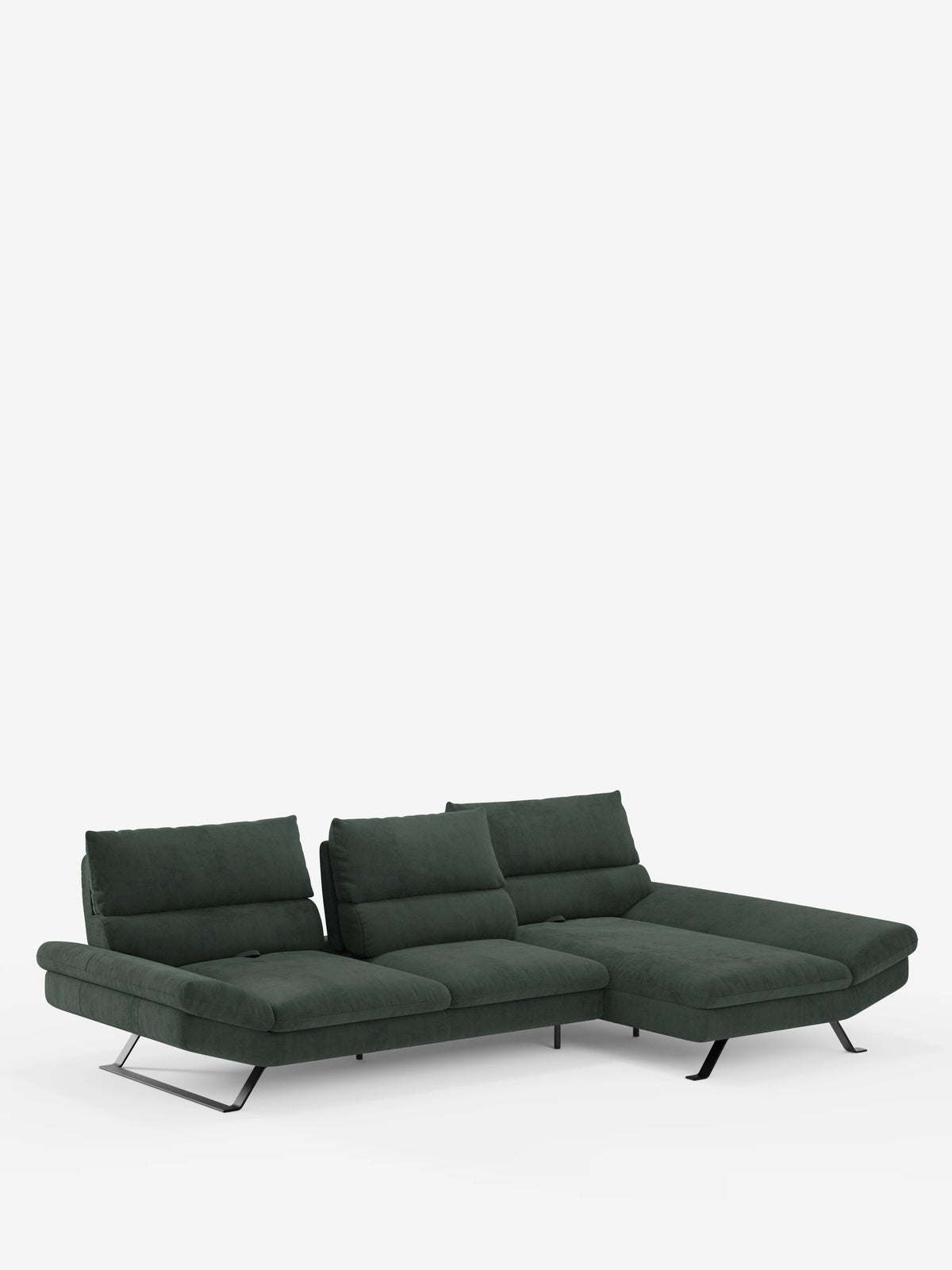 Il divano angolare Eclipse con penisola e schienali regolabili in microfibra tecnica smacchiabile T11 di Divani.Store presenta un design contemporaneo con schienali regolabili, una chaise longue sul lato destro, eleganti gambe in metallo e linee pulite e minimaliste. In primo piano su uno sfondo bianco, ne risaltano la silhouette moderna e i morbidi cuscini.