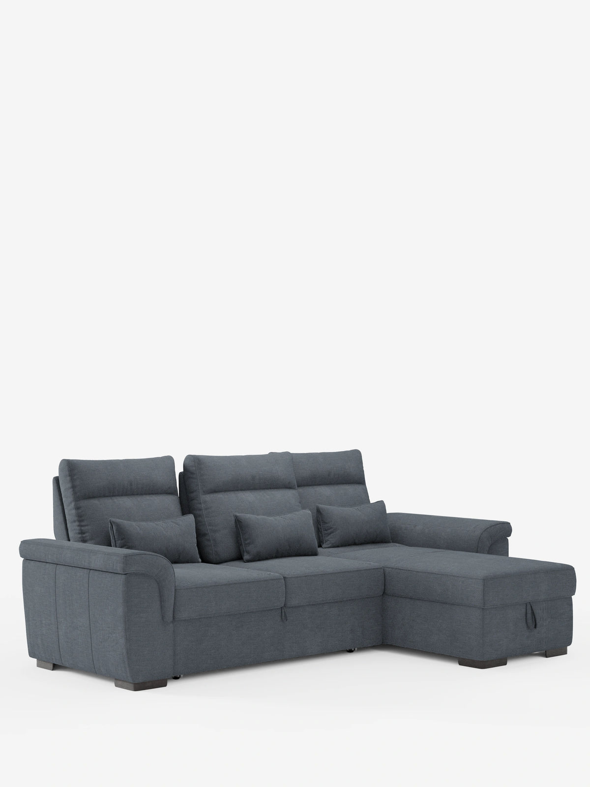 Il divano letto angolare Ischia con schienali regolabili, elemento estraibile e penisola contenitore in tessuto smacchiabile misto lino è un divano componibile a forma di L di colore grigio, dotato di schienali regolabili, tre piccoli cuscini e rivestimento in tessuto effetto lino.