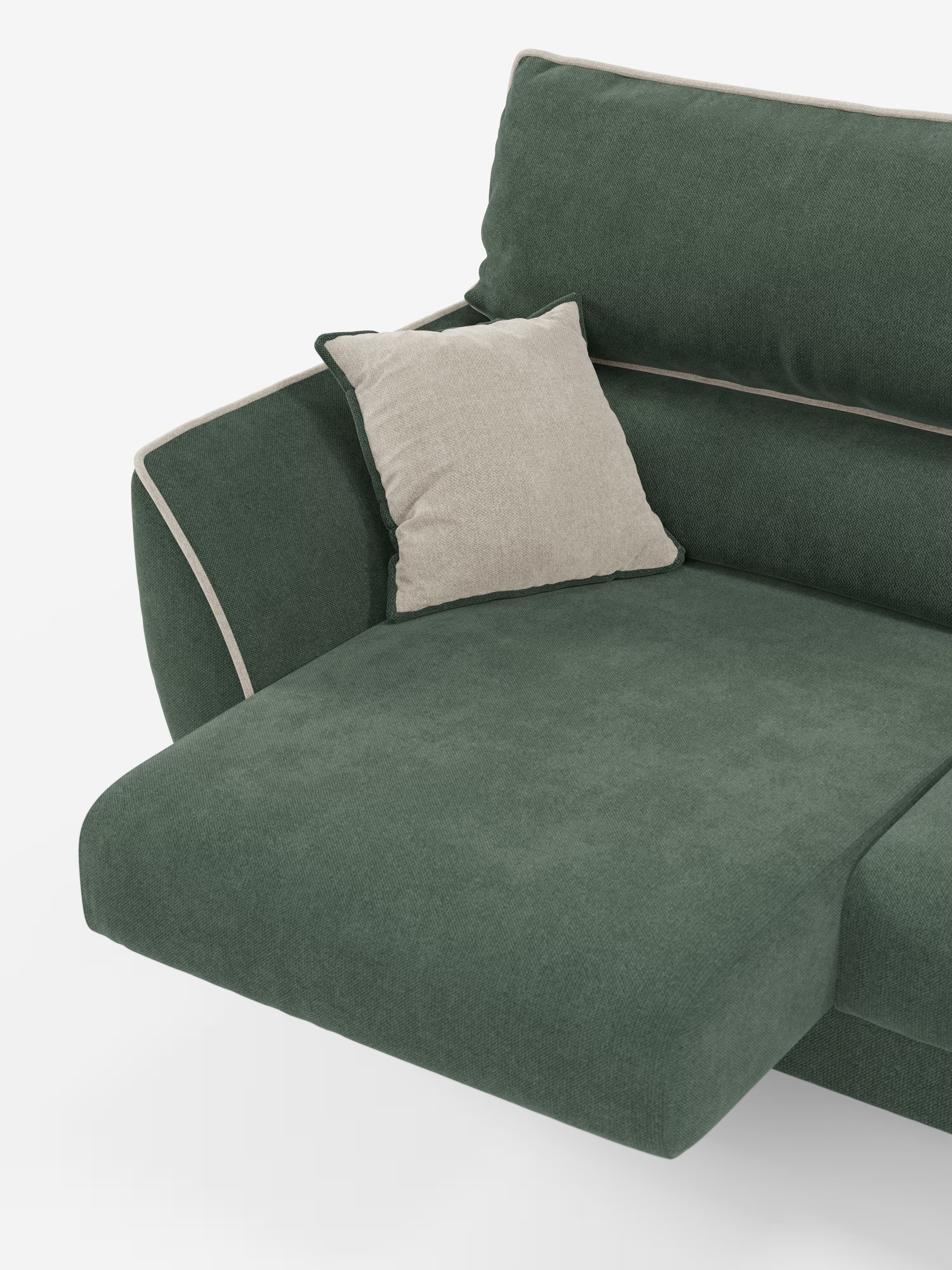 Scopri il comfort moderno con il divano Michelangelo 4 Posti bicolore di Divani.Store, un elegante divano in tessuto verde dotato di tre sedute estensibili e poggiatesta regolabili, realizzato in tessuto T23 facile da pulire. La chaise longue estensibile e l’elegante bordino bianco aggiungono un tocco di stile, mentre un cuscino decorativo beige chiaro impreziosisce il bracciolo. Su uno sfondo bianco a tinta unita, le linee pulite e la morbida trama di questo divano risaltano magnificamente.