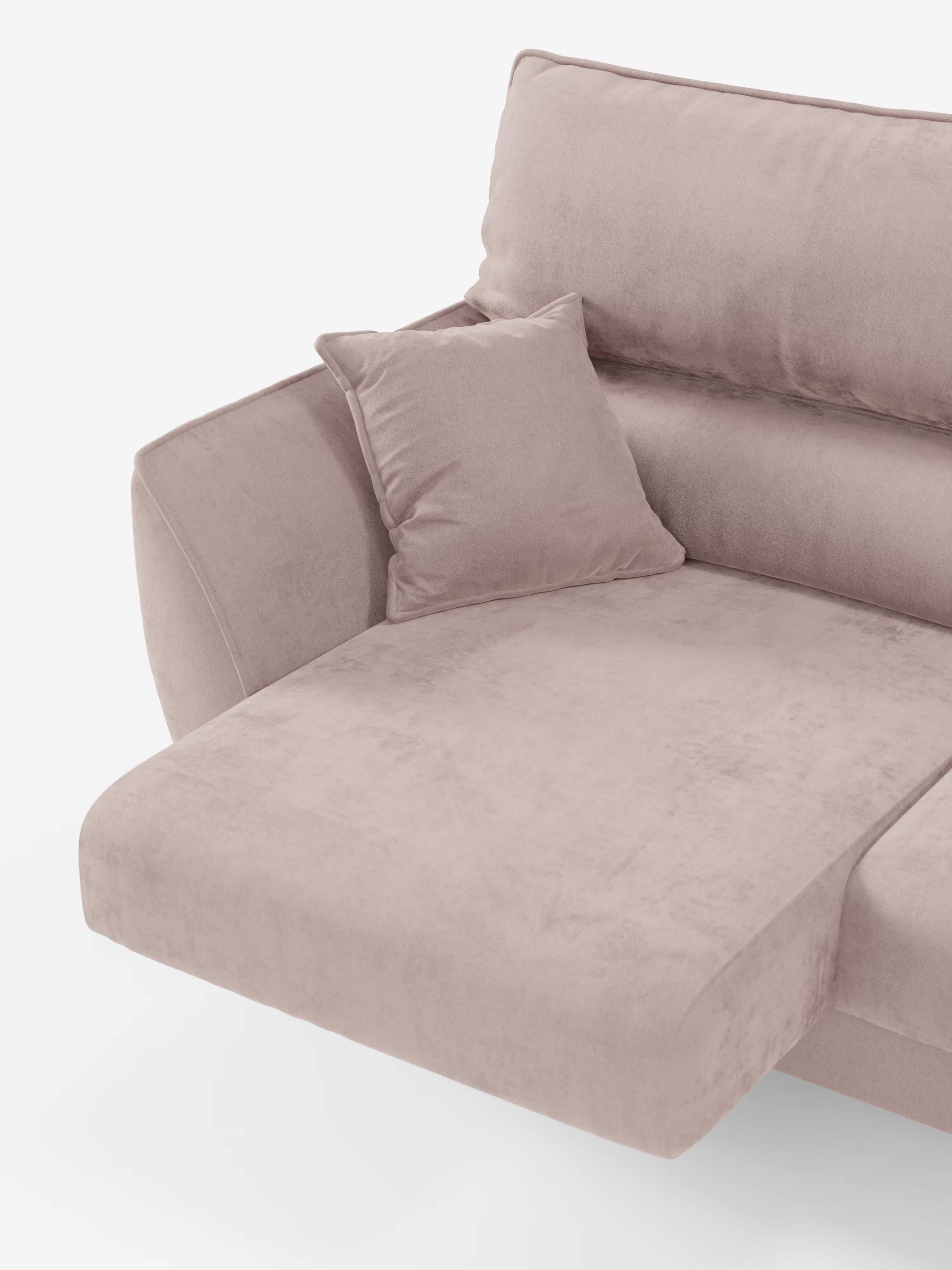 Un primo piano del divano angolare con penisola e sedute estensibili “Michelangelo” di Divani.Store, caratterizzato da una chaise longue e da un cuscino quadrato abbinato. Rivestito con un raffinato tessuto effetto velluto T30 resistente alle macchie e dotato di poggiatesta reclinabili, questo divano moderno risalta sullo sfondo bianco che ne esalta la texture morbida e la seduta avvolgente.