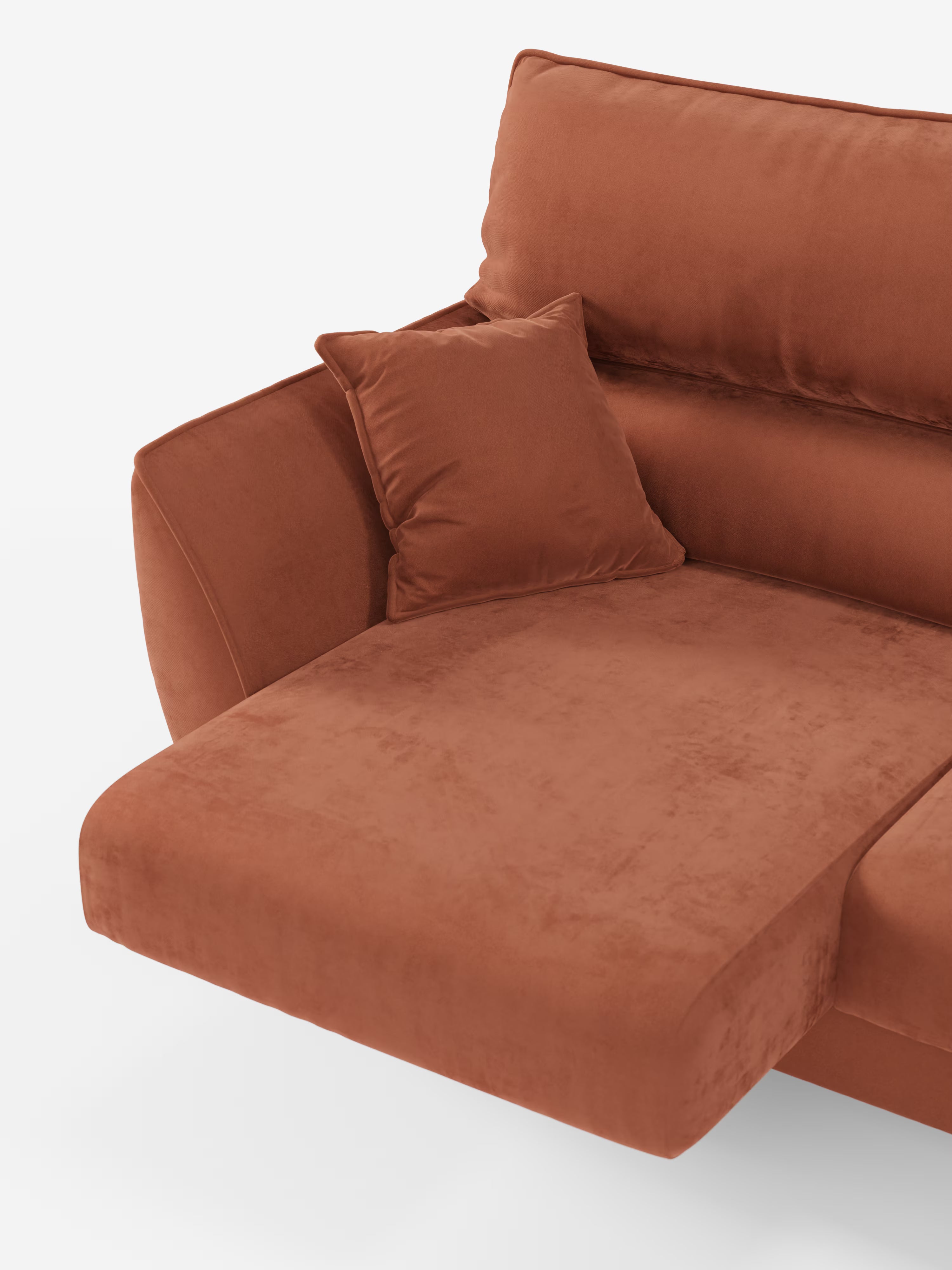 Il divano angolare Michelangelo con penisola e sedute estensibili di Divani.Store è presentato in un tessuto T30 color ruggine, smacchiabile, dall’effetto vellutino. L’immagine mette in risalto la parte a chaise longue con un cuscino coordinato e le sedute morbide e imbottite. Sullo sfondo bianco, il design moderno e la trama raffinata di questo divano angolare — dotato di poggiatesta reclinabili — risaltano in modo particolare.