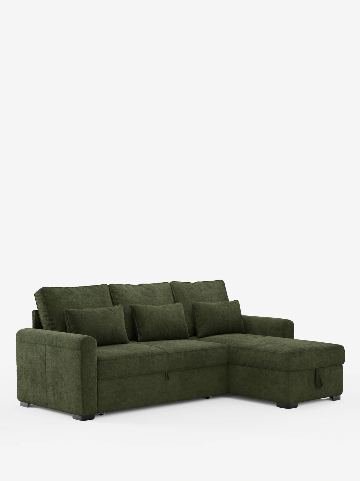 Il divano letto Ottaviano con letto estraibile, penisola reversibile e contenitore in tessuto materico smacchiabile è un divano componibile verde oliva scuro con chaise longue a destra, tre cuscini dello schienale, cuscini decorativi e una base contenitore.