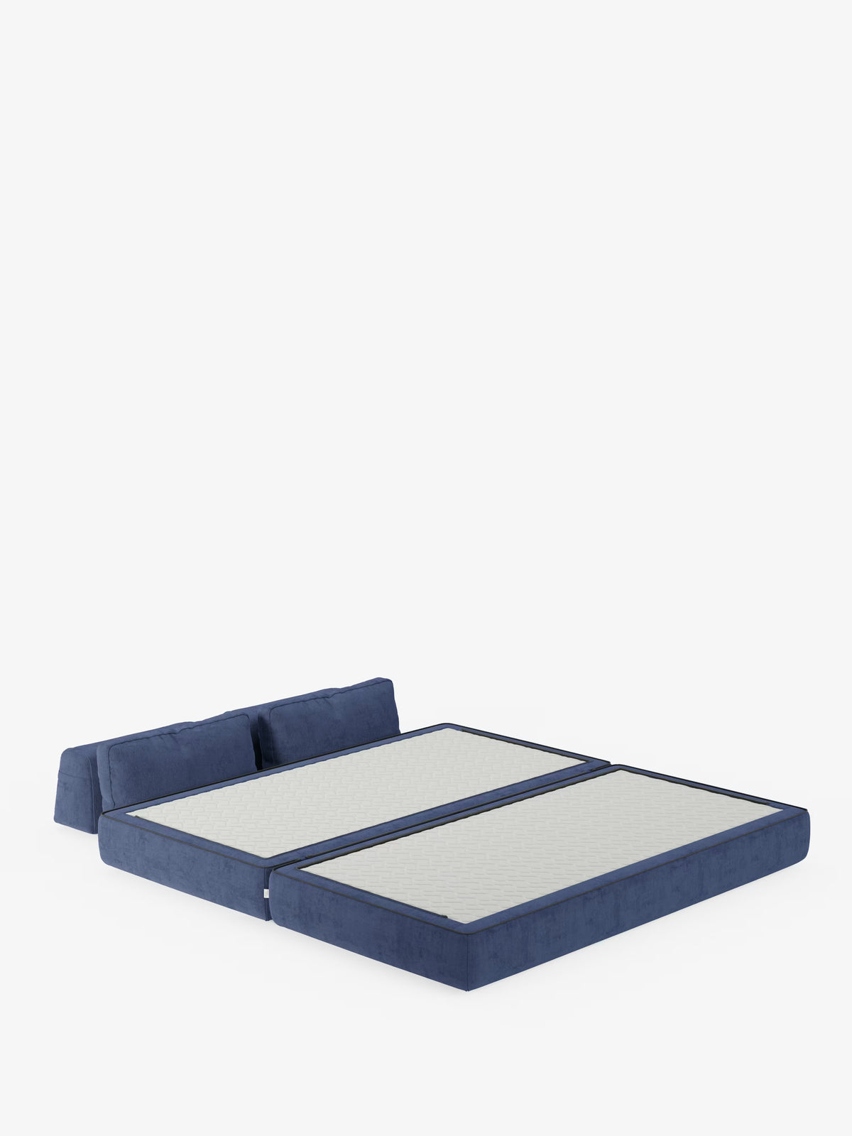 Un divano letto matrimoniale modulare blu della linea Rift, disponibile nelle versioni a 2 e 3 posti, firmato Divani.Store, caratterizzato da schienali orientabili e due cuscini rettangolari disposti in piano per creare un letto spazioso, simile a un materasso, con un materasso in memory foam alto 24 cm rivestito in tessuto T31 di facile pulizia, presentato su uno sfondo bianco. Questo divano di design, versatile e morbido, è perfetto per rilassarsi o come elegante soluzione per la notte.