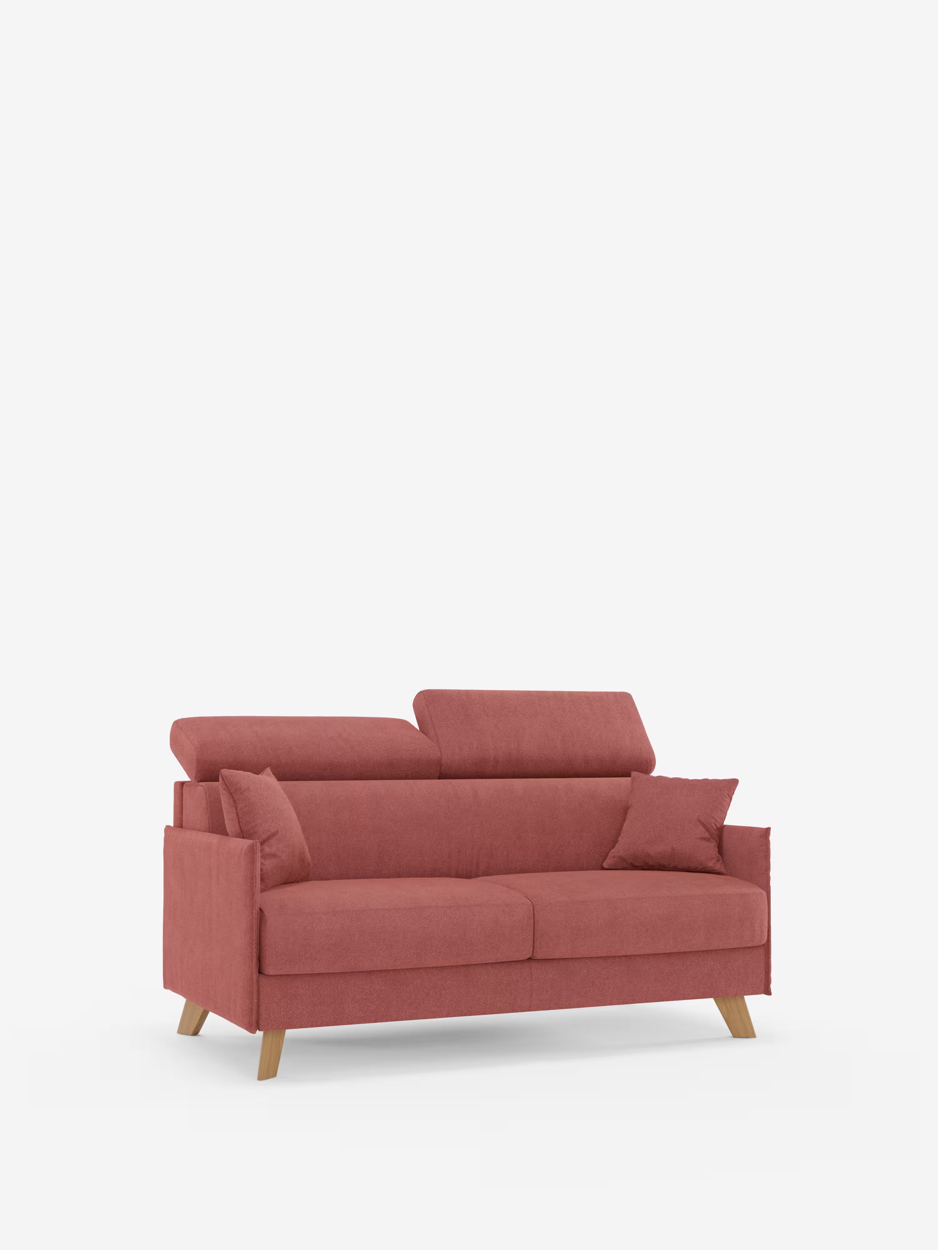Il divano letto matrimoniale Sole di Divani.Store presenta un design compatto e contemporaneo con poggiatesta regolabili, rivestimento in tessuto T23 color rosa antico resistente alle macchie, due cuscini coordinati e gambe angolate in legno chiaro. I rivestimenti, rimovibili al 100%, e le linee pulite richiamano lo stile dei divani scandinavi; il prodotto è presentato su uno sfondo bianco a tinta unita per esaltarne lo stile moderno.