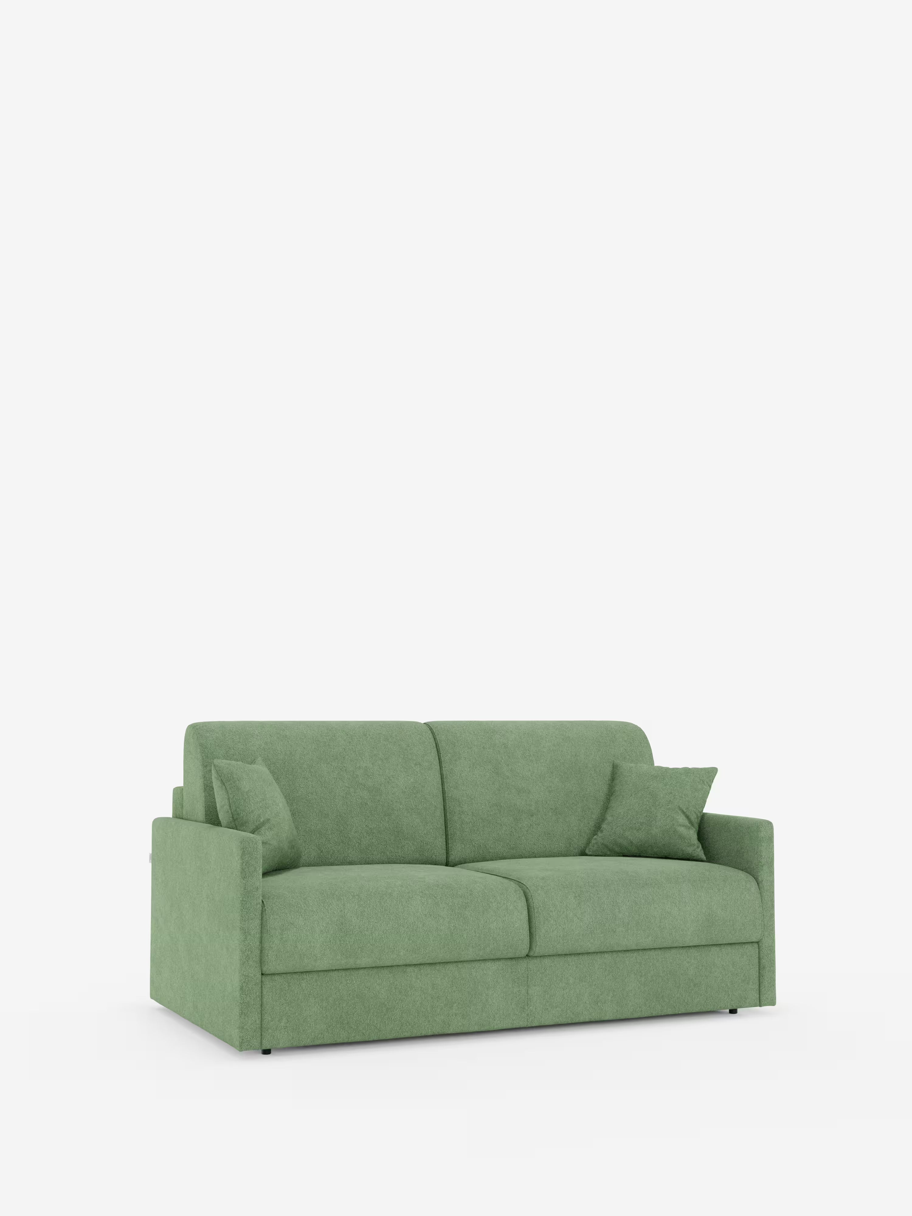 Un divano letto verde Tommy a 2 e 3 posti matrimoniale di Divani.Store, rivestito in tessuto T33 facile da pulire e simile al cotone, con braccioli dritti e sottili e due cuscini decorativi abbinati, è esposto su uno sfondo bianco. Questo divano con rivestimento sfoderabile al 100% presenta un design minimalista e moderno caratterizzato da linee pulite, sedute imbottite e un profilo basso. Pratico ma elegante, l’immagine mette in risalto il divano sfoderabile da solo, senza oggetti o decorazioni aggiuntivi.