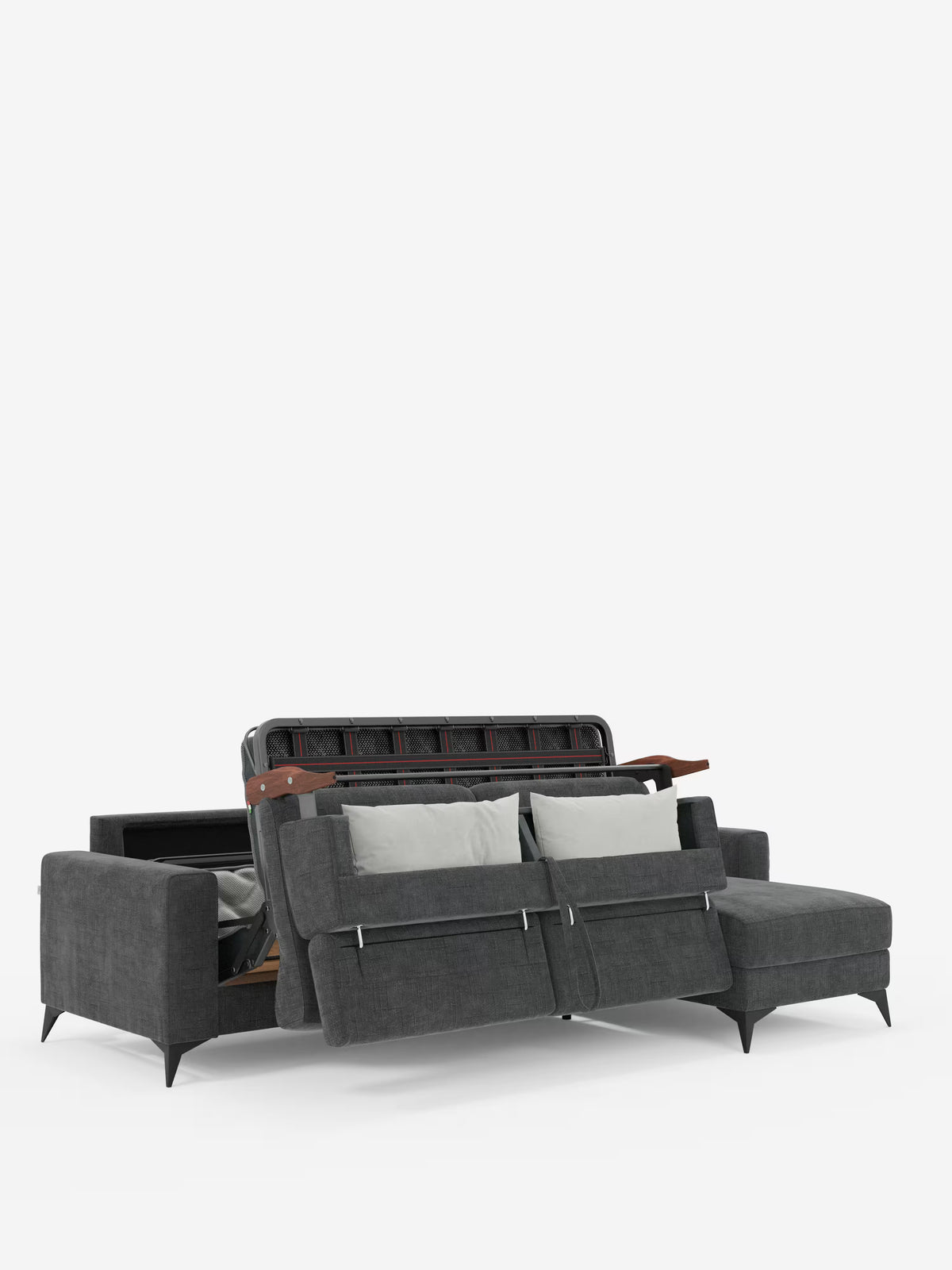 Il divano letto angolare Pegaso di Divani.Store, rivestito in tessuto jacquard grigio scuro antimacchia (T22), presenta gambe nere e poggiatesta reclinabili. Sollevando i cuscini di seduta si scopre un pratico vano contenitore all’interno della sezione chaise longue, che si estende verso destra. Due cuscini rettangolari grigio chiaro poggiano sulla seduta, il tutto su uno sfondo bianco a tinta unita.